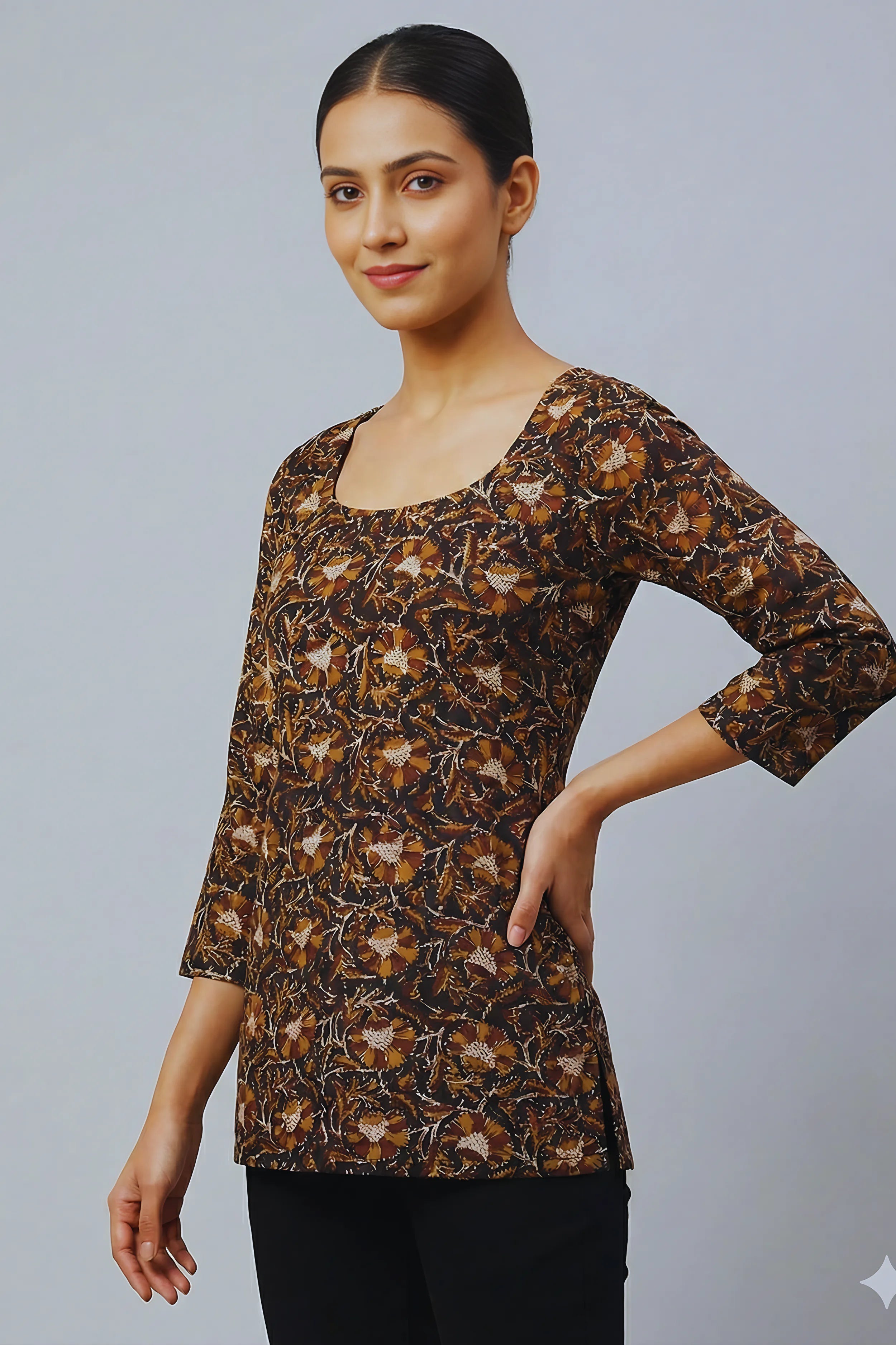 Black Hand Block Printed Short Kurti