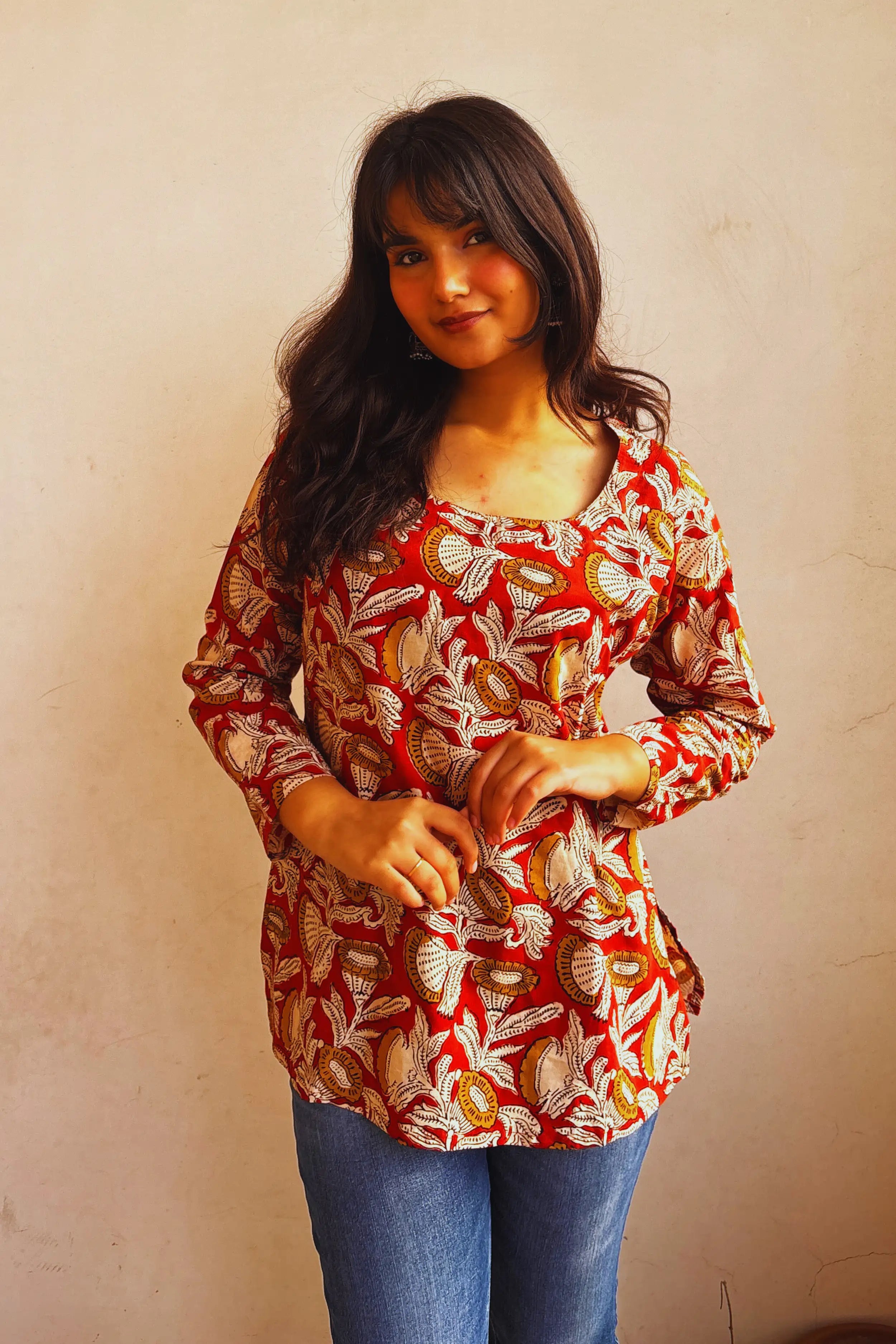 Rust Red Hand Block Printed Short Kurti