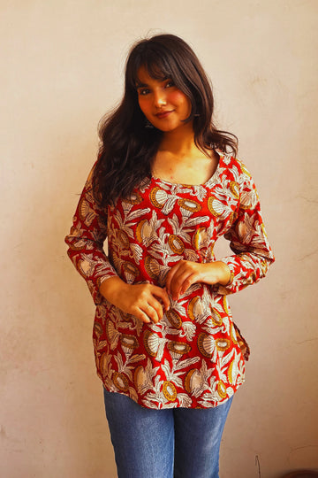 Rust Red Hand Block Printed Short Kurti