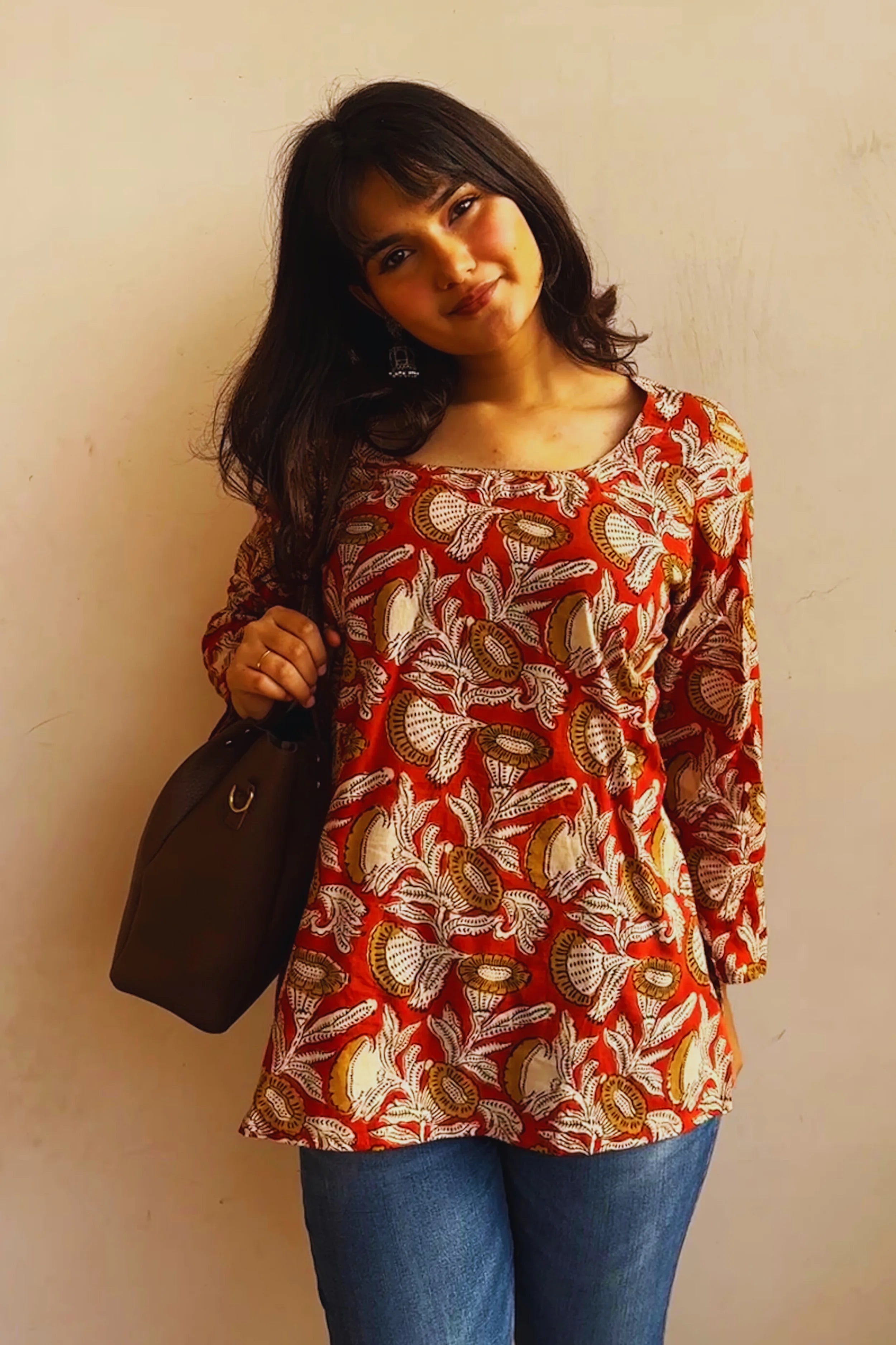 Rust Red Hand Block Printed Short Kurti