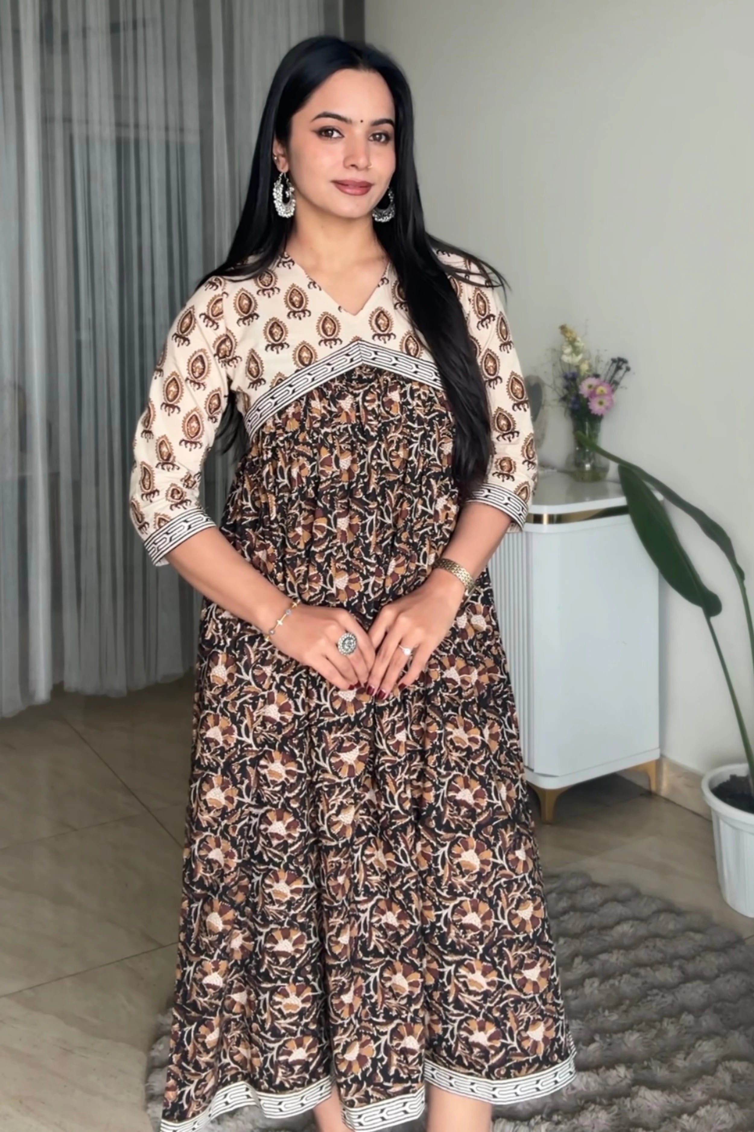 Black Hand Block Printed Flared Kurti Dress