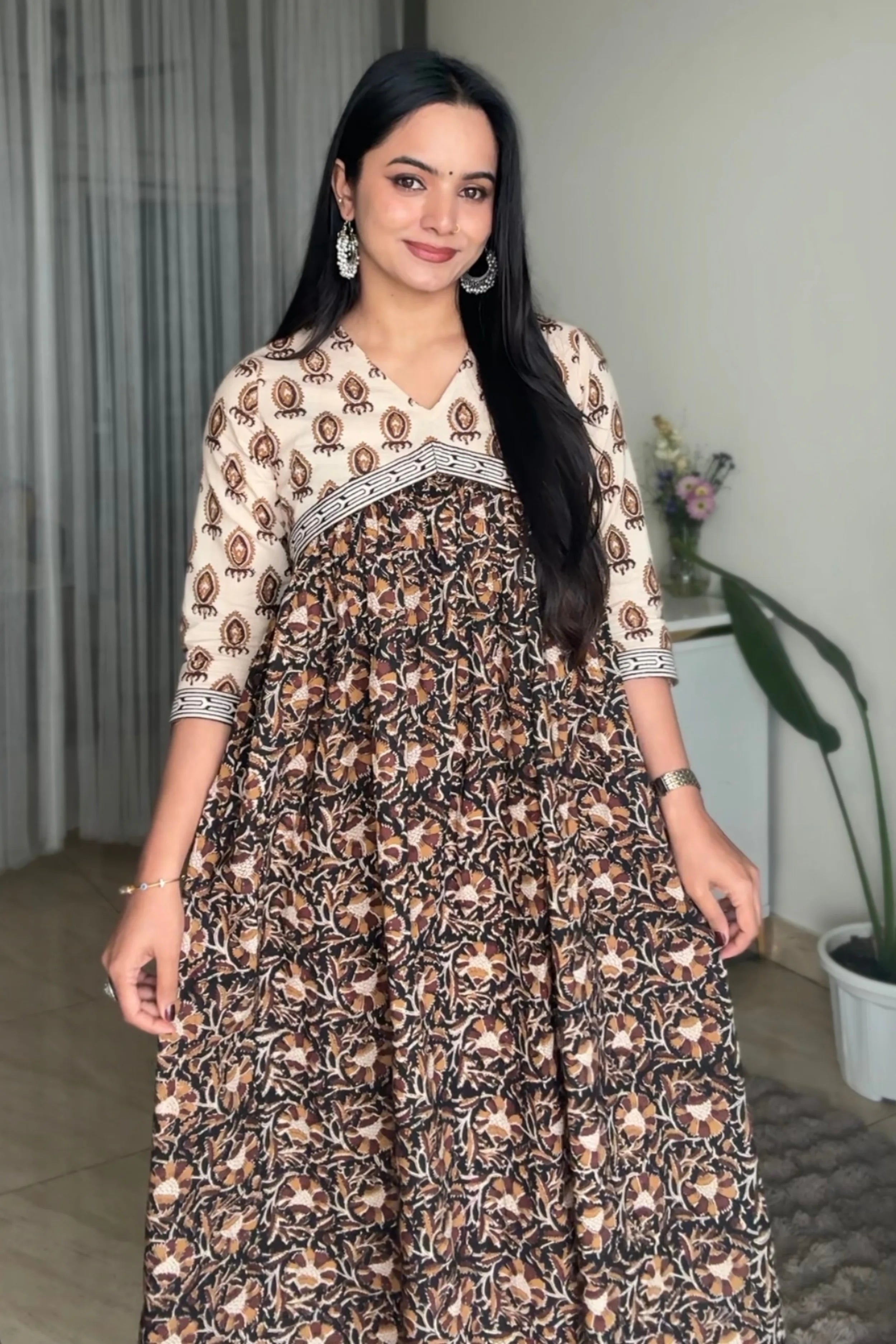 Black Hand Block Printed Flared Kurti Dress
