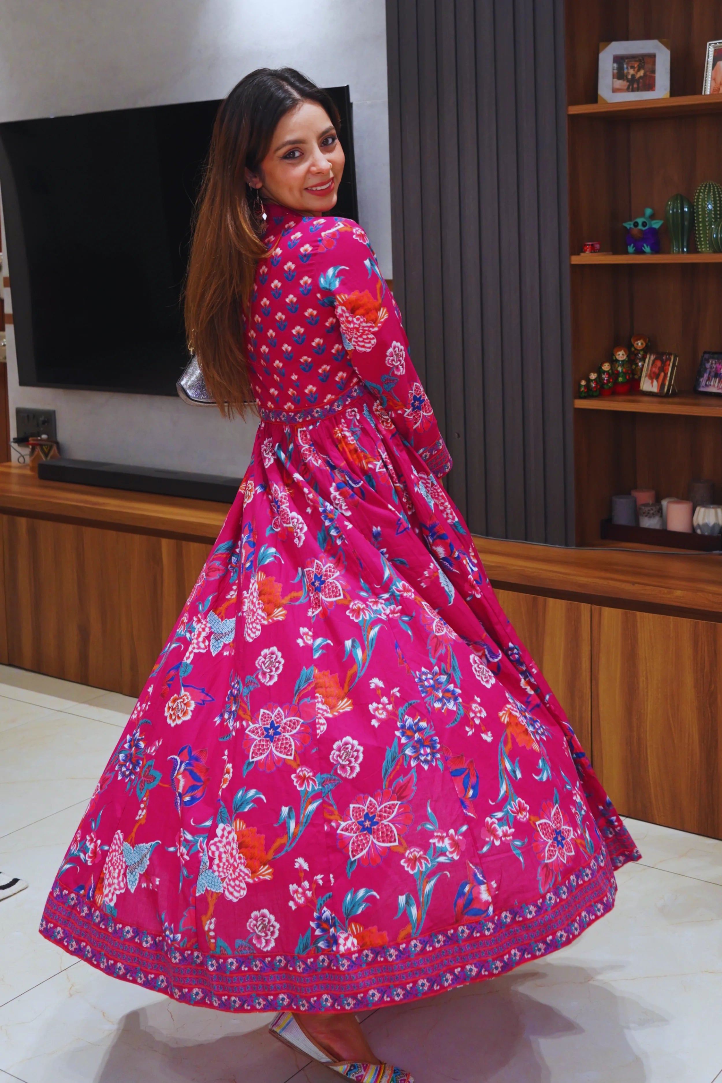 Dark Pink Anarkali Cotton Hand Block Printed Ethnic Maxi Dress