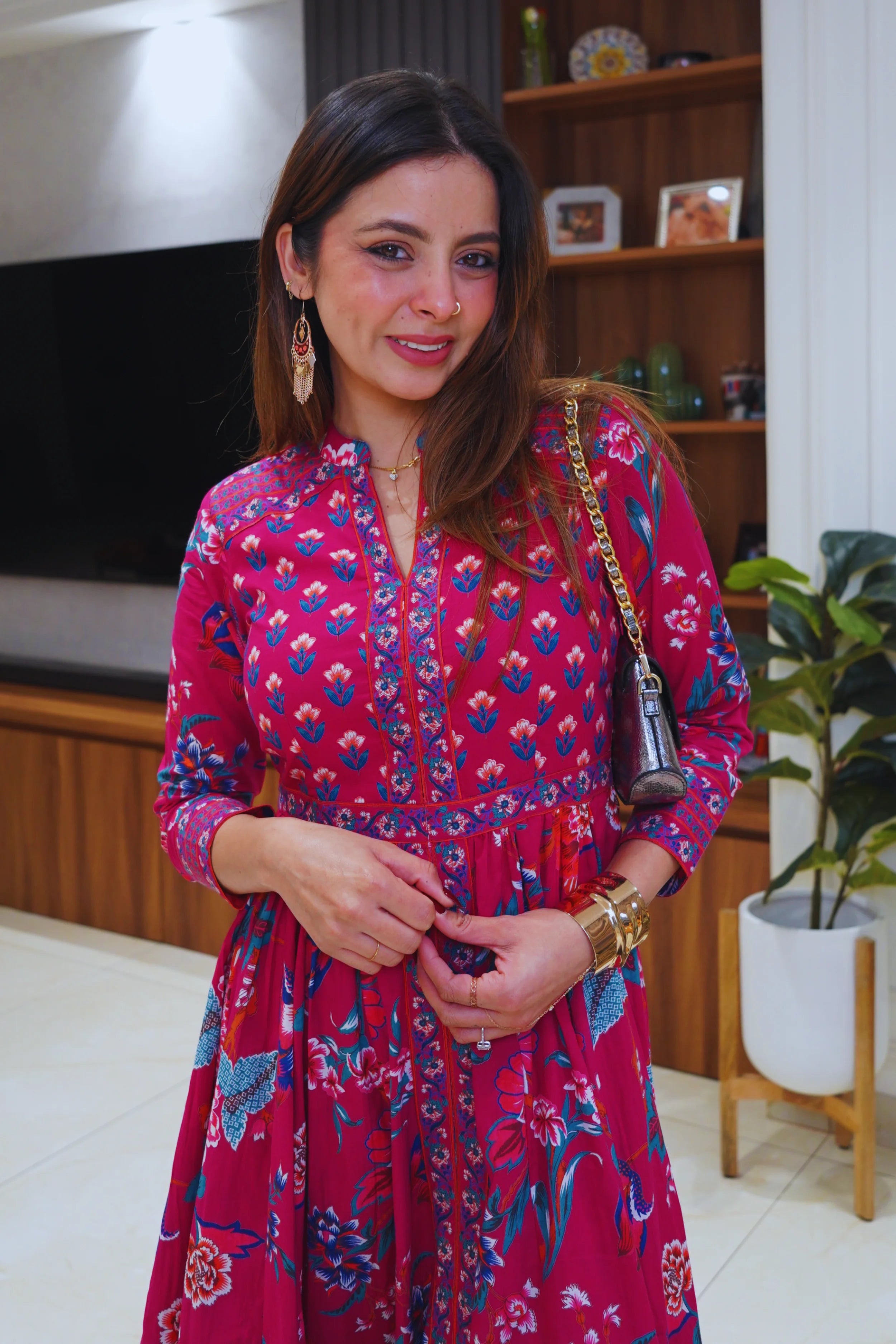 Dark Pink Anarkali Cotton Hand Block Printed Ethnic Maxi Dress
