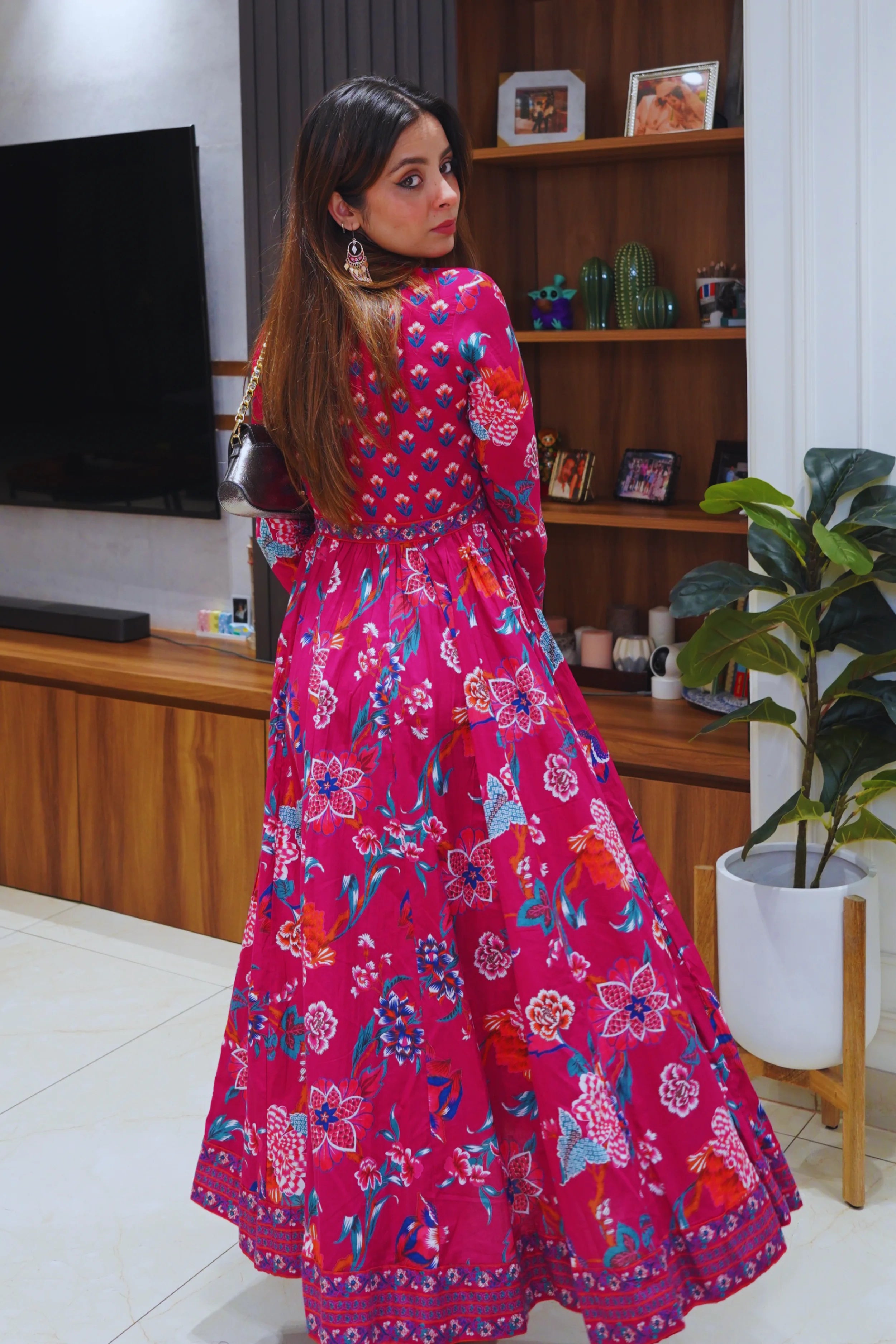 Dark Pink Anarkali Cotton Hand Block Printed Ethnic Maxi Dress