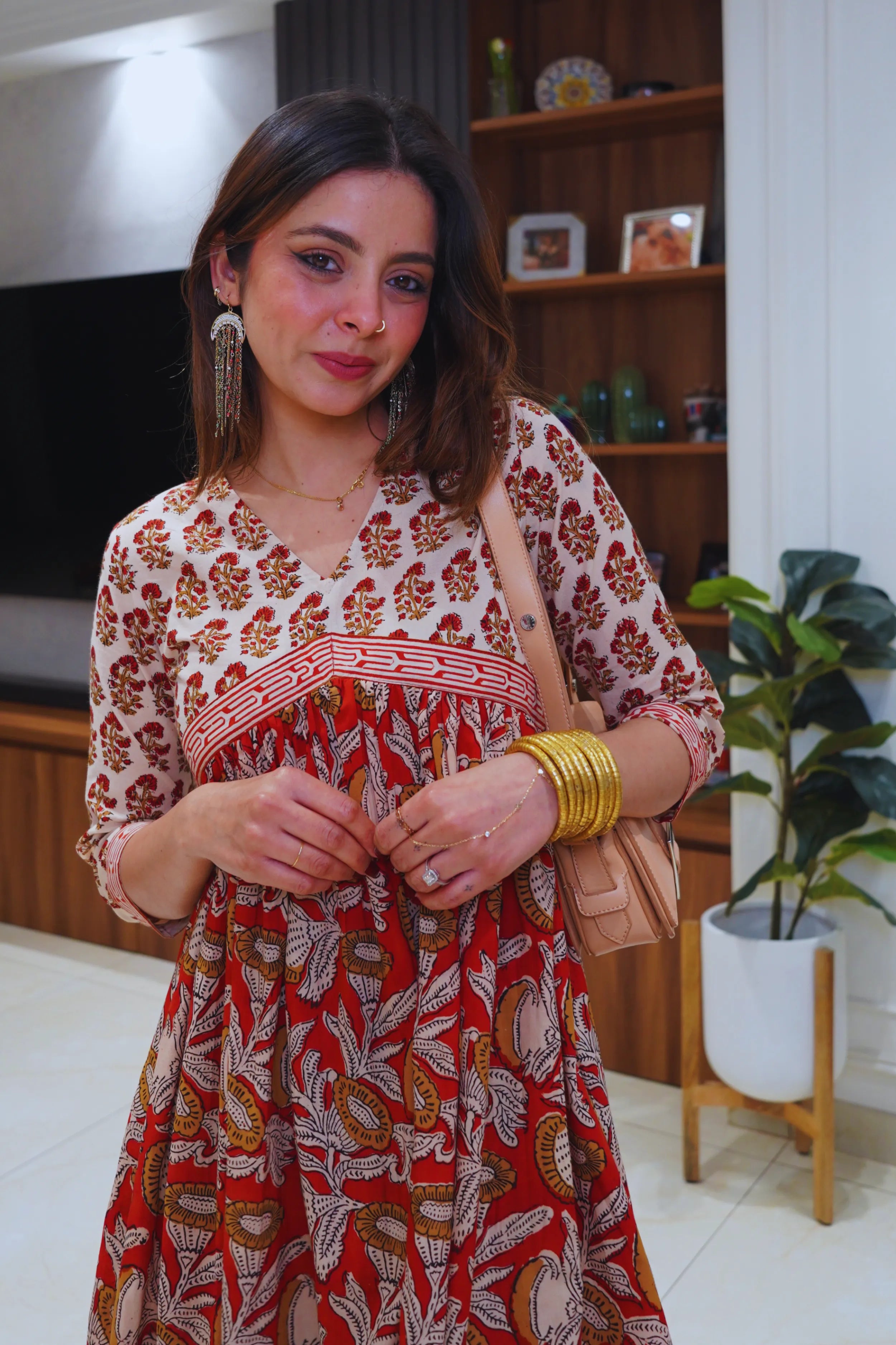 Rust Red Hand Block Printed Flared Kurti Dress