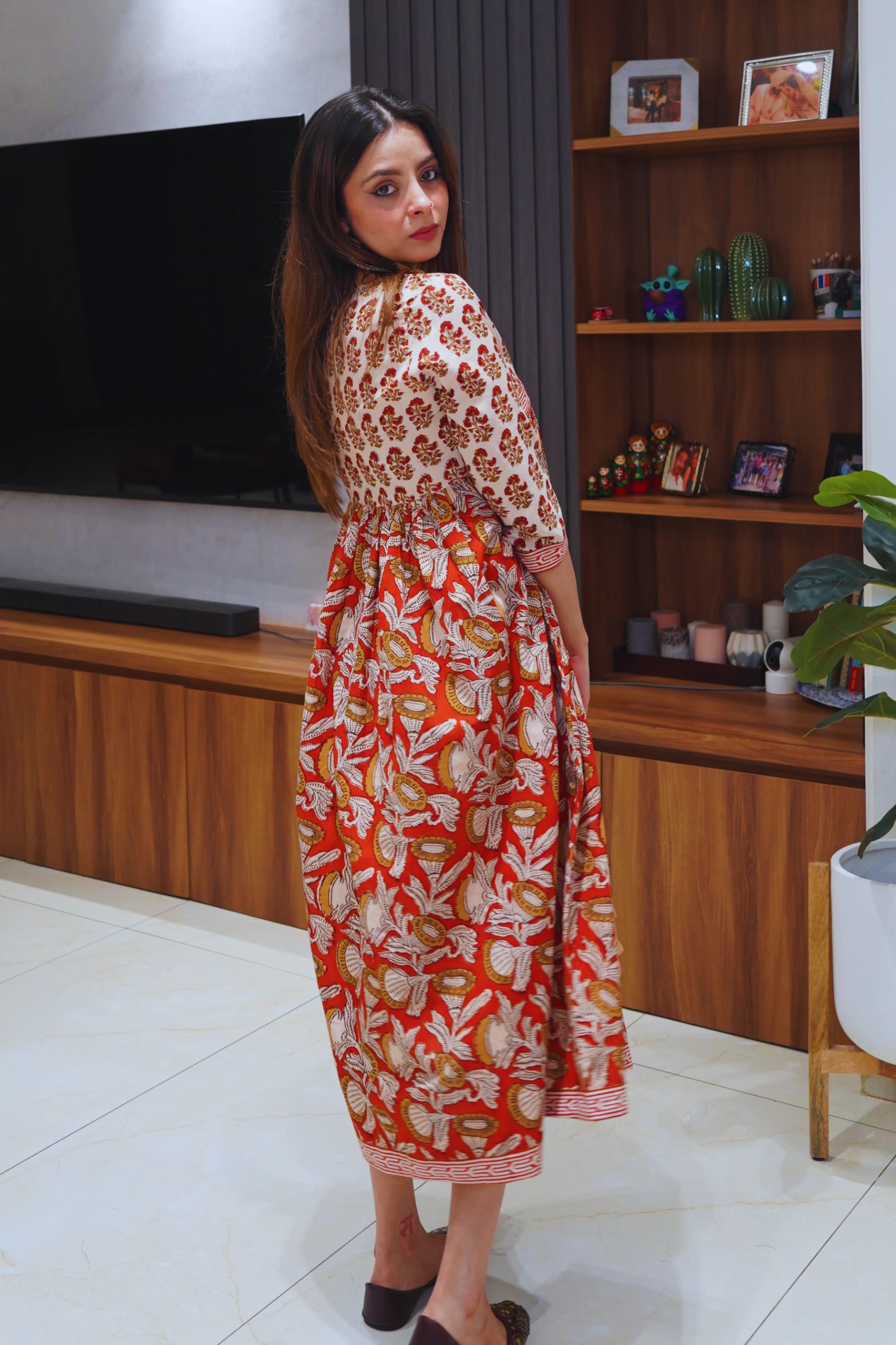 Rust Red Hand Block Printed Flared Kurti Dress