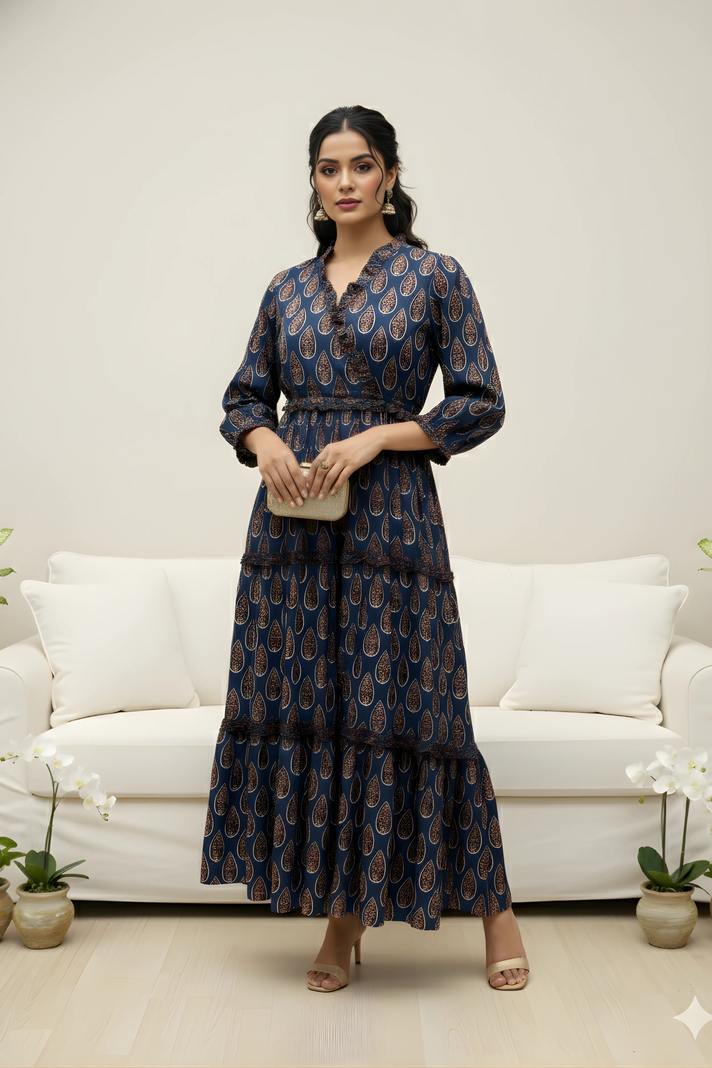 Blue Hand Printed Tiered Maxi Dress
