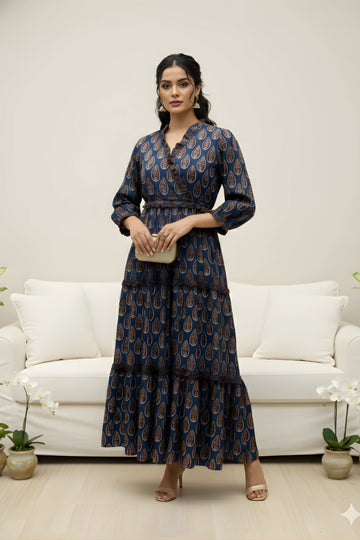Blue Hand Printed Tiered Maxi Dress