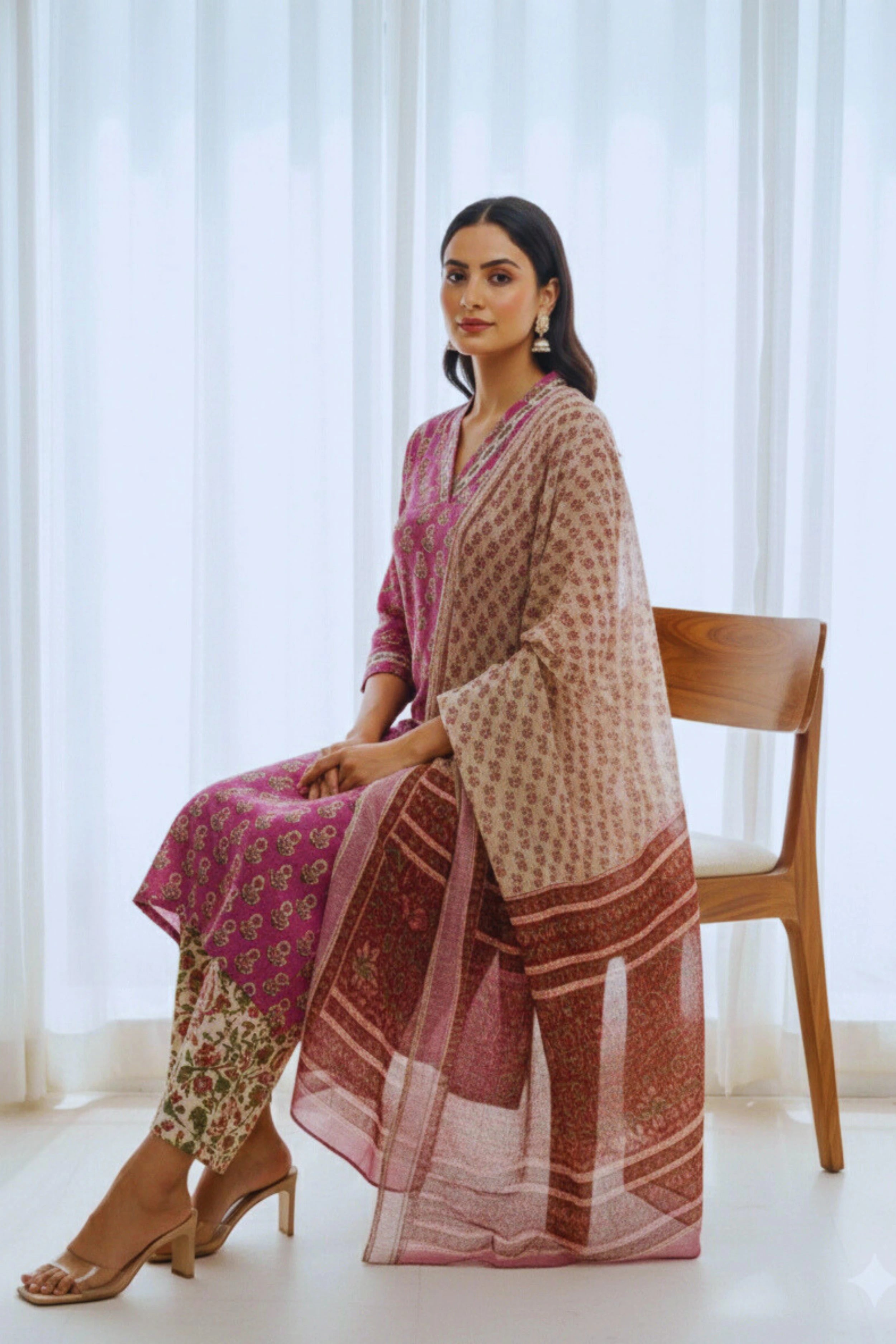 Rust Hand Block Printed Straight cotton Kurta Set with Chiffon Dupatta