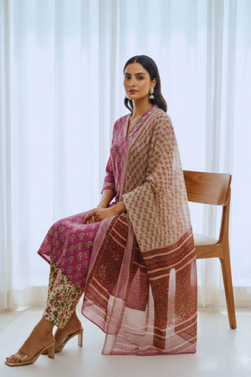 Rust Hand Block Printed Straight cotton Kurta Set with Chiffon Dupatta
