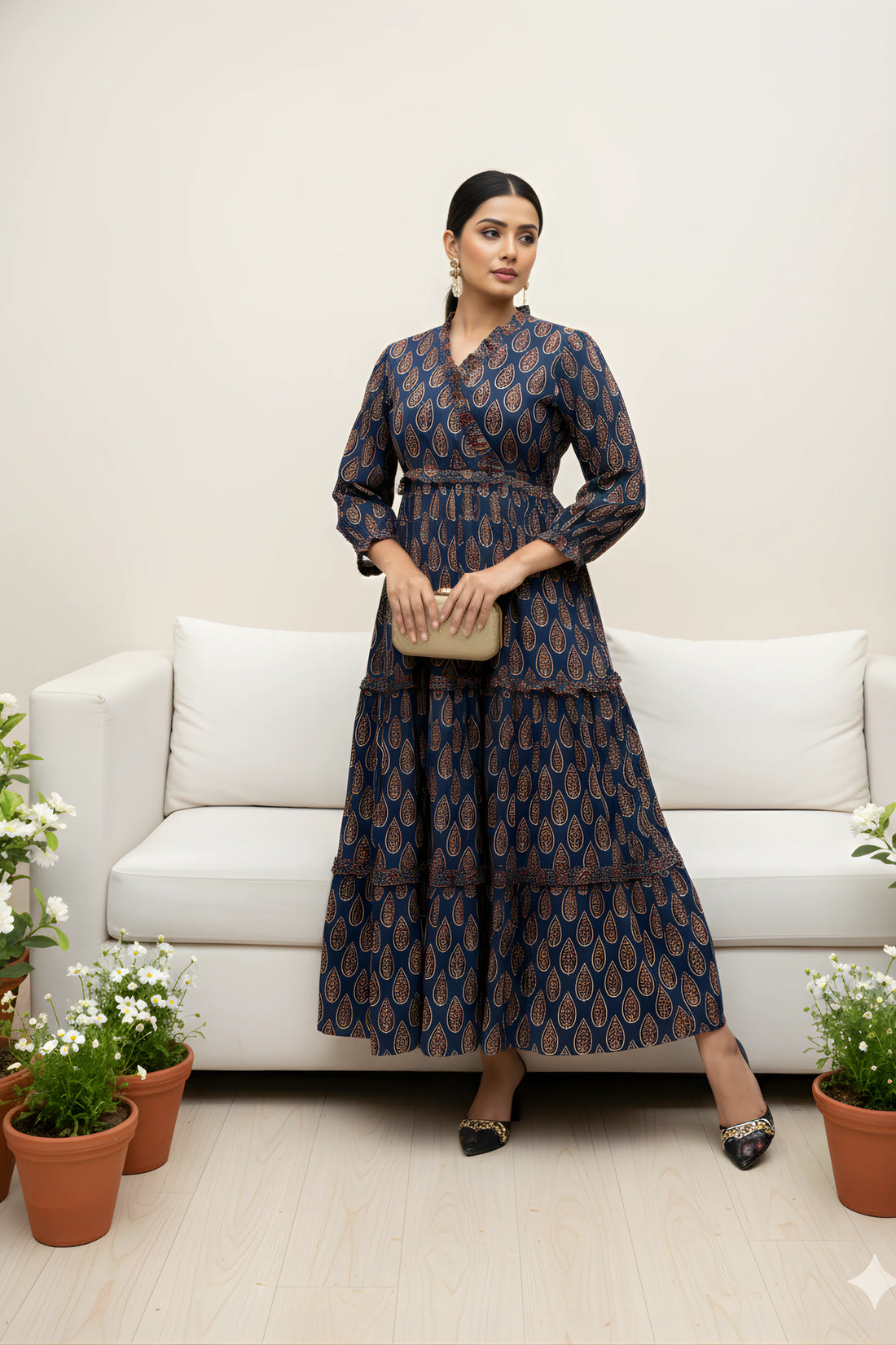 Blue Hand Printed Tiered Maxi Dress