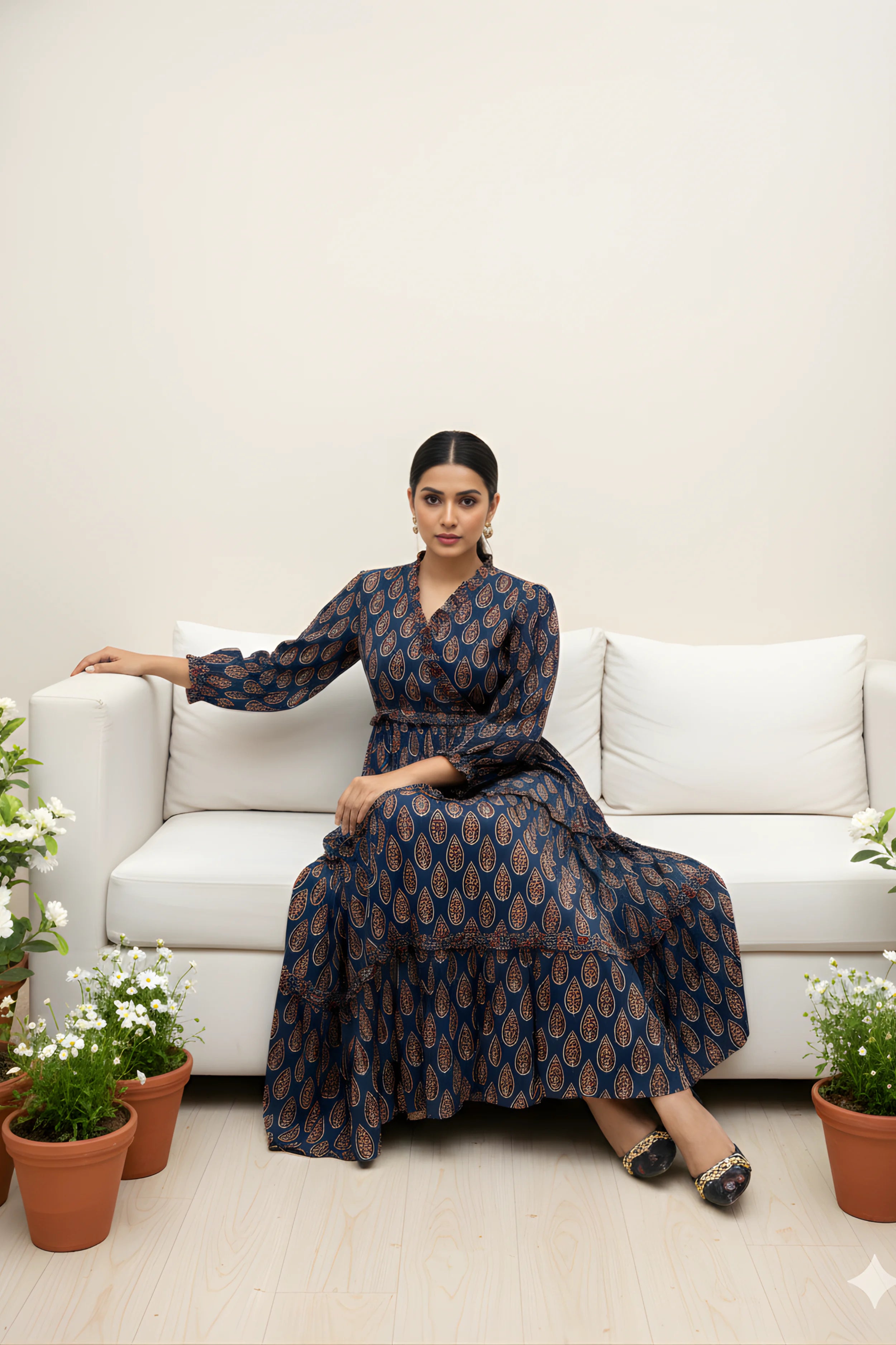 Blue Hand Printed Tiered Maxi Dress