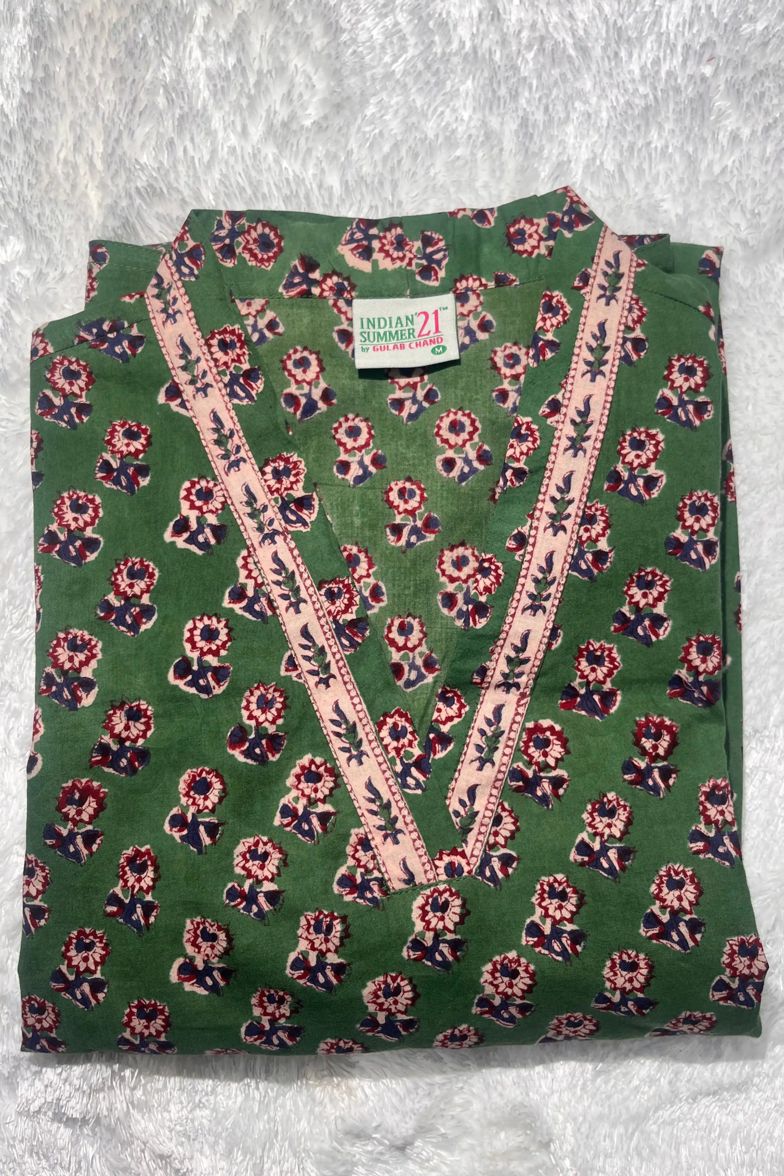 Green Hand Block Printed Straight cotton Kurta Set with Chiffon Dupatta