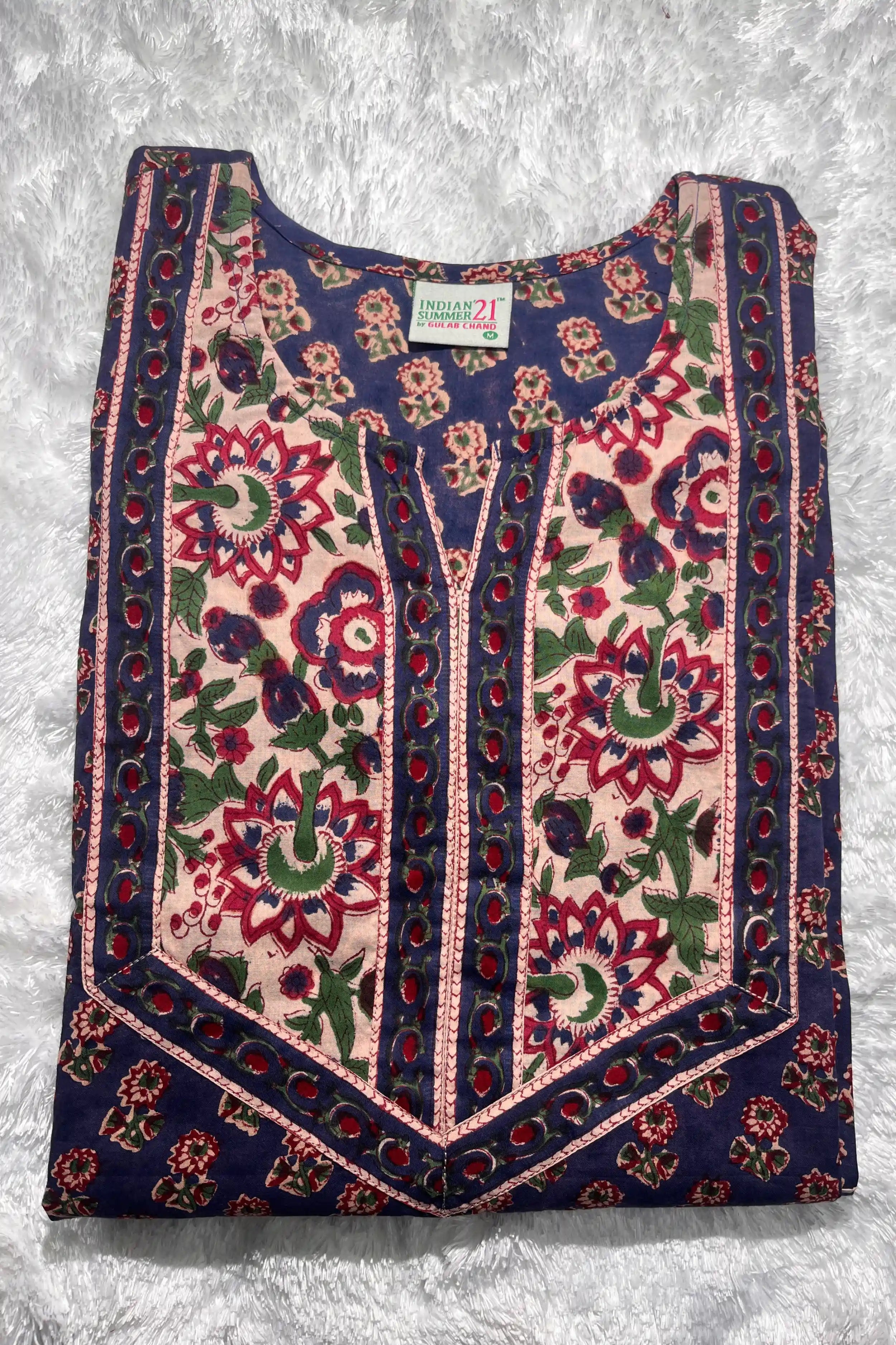 Royal Blue Hand Block Printed  Straight Kurta Set with Chiffon Dupatta