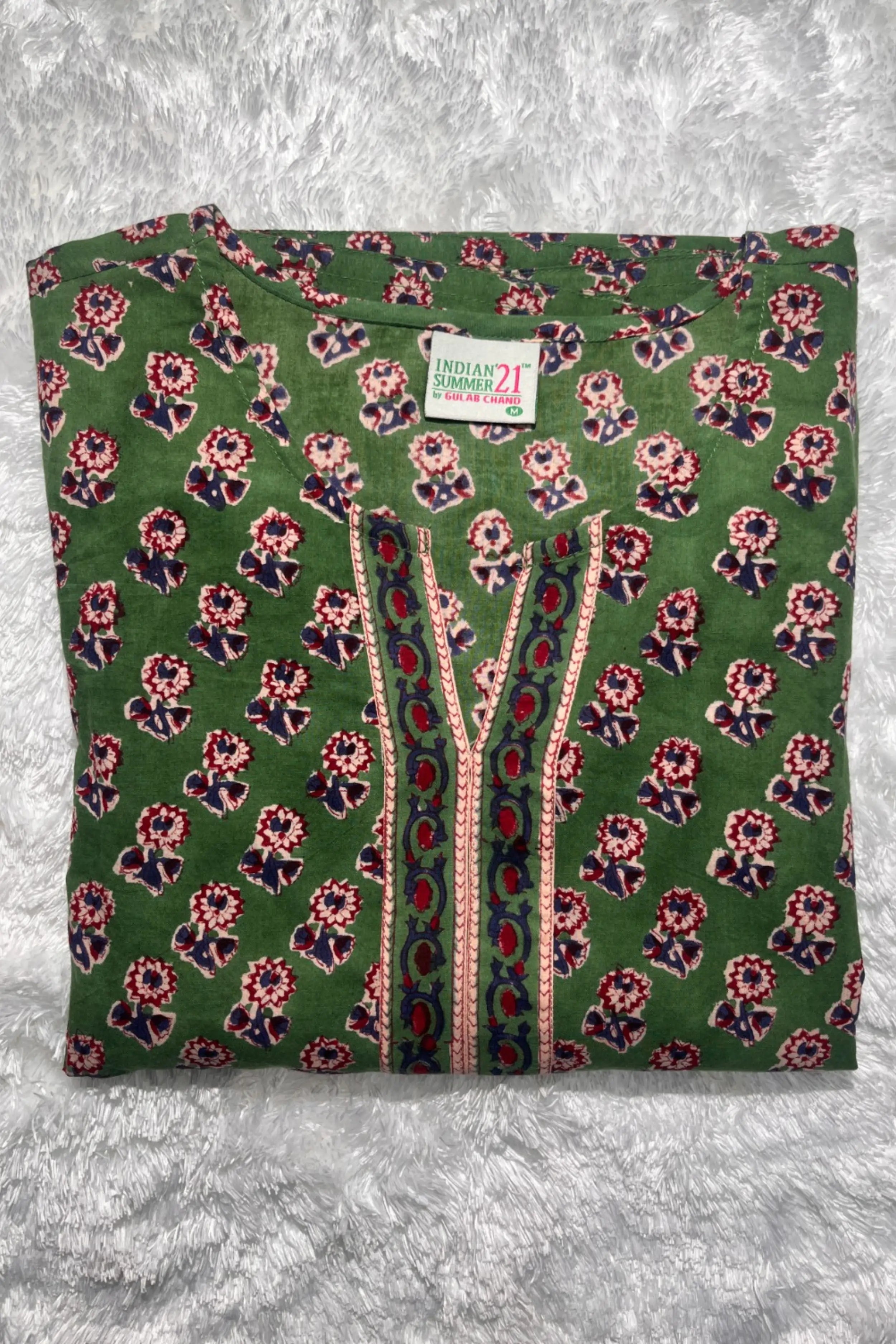 Green Hand Block Printed Straight cotton Kurta Set with Dupatta
