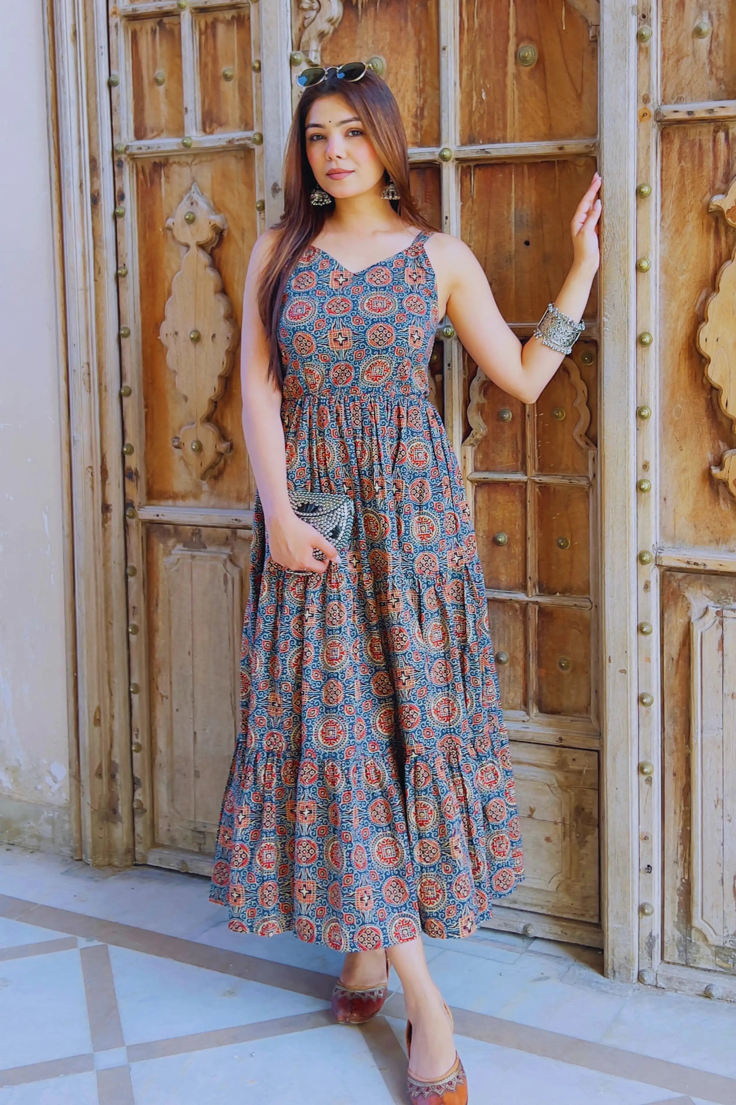 Indigo Ajrak Printed cotton Sleeveless Flared Dress