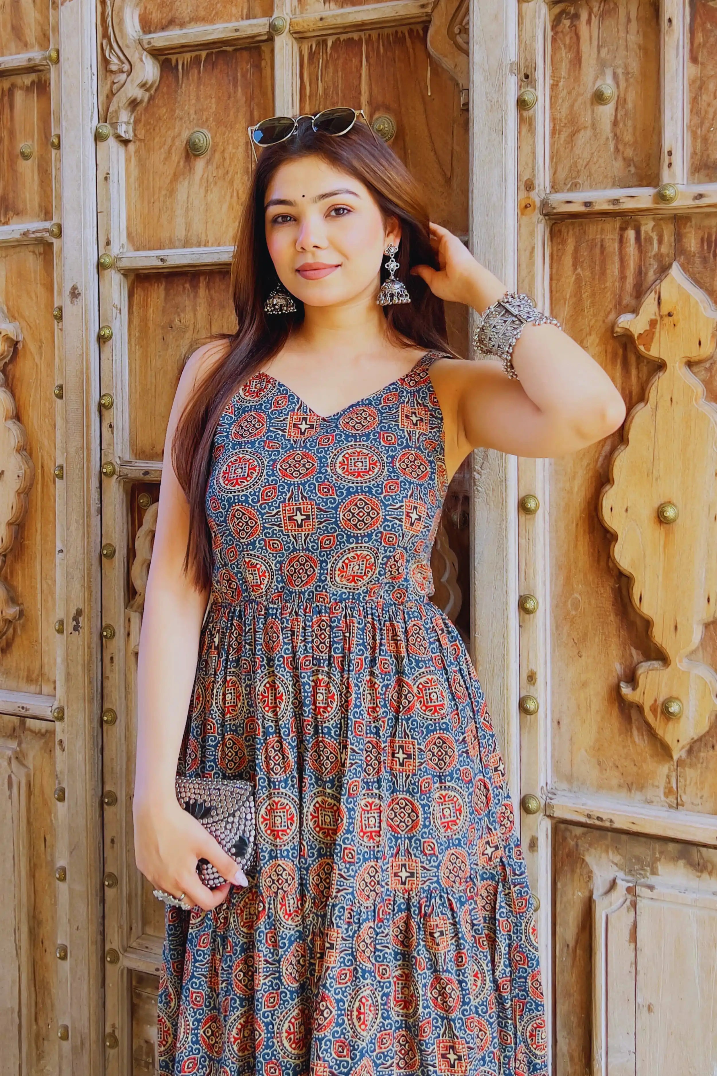 Indigo Ajrak Printed cotton Sleeveless Flared Dress