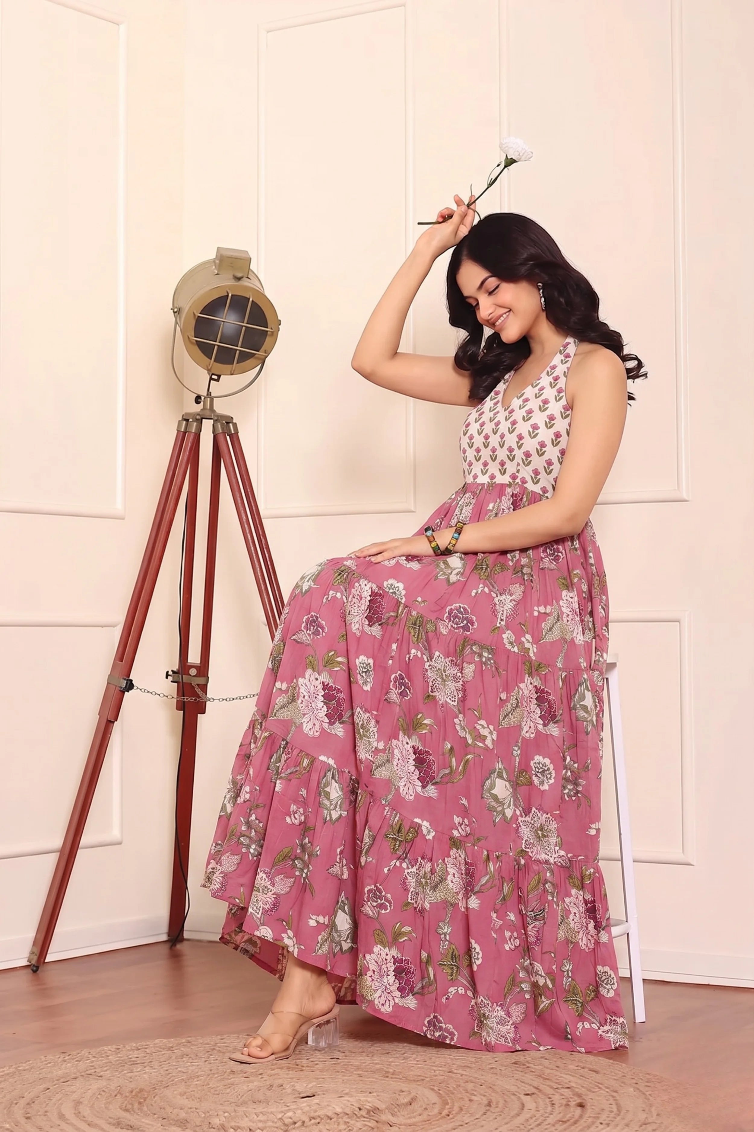 Pink Floral Hand Printed Halter Maxi Dress