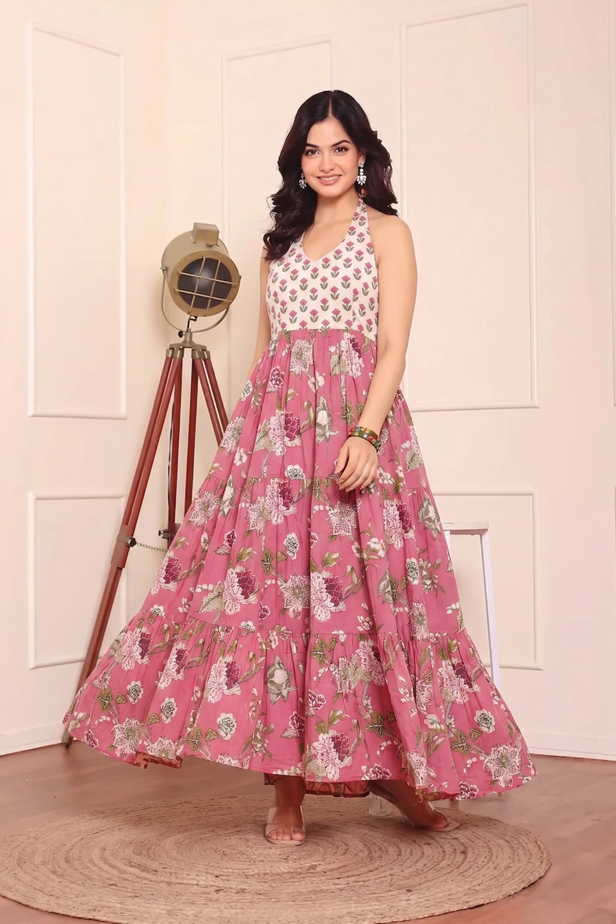 Pink Floral Hand Printed Halter Maxi Dress