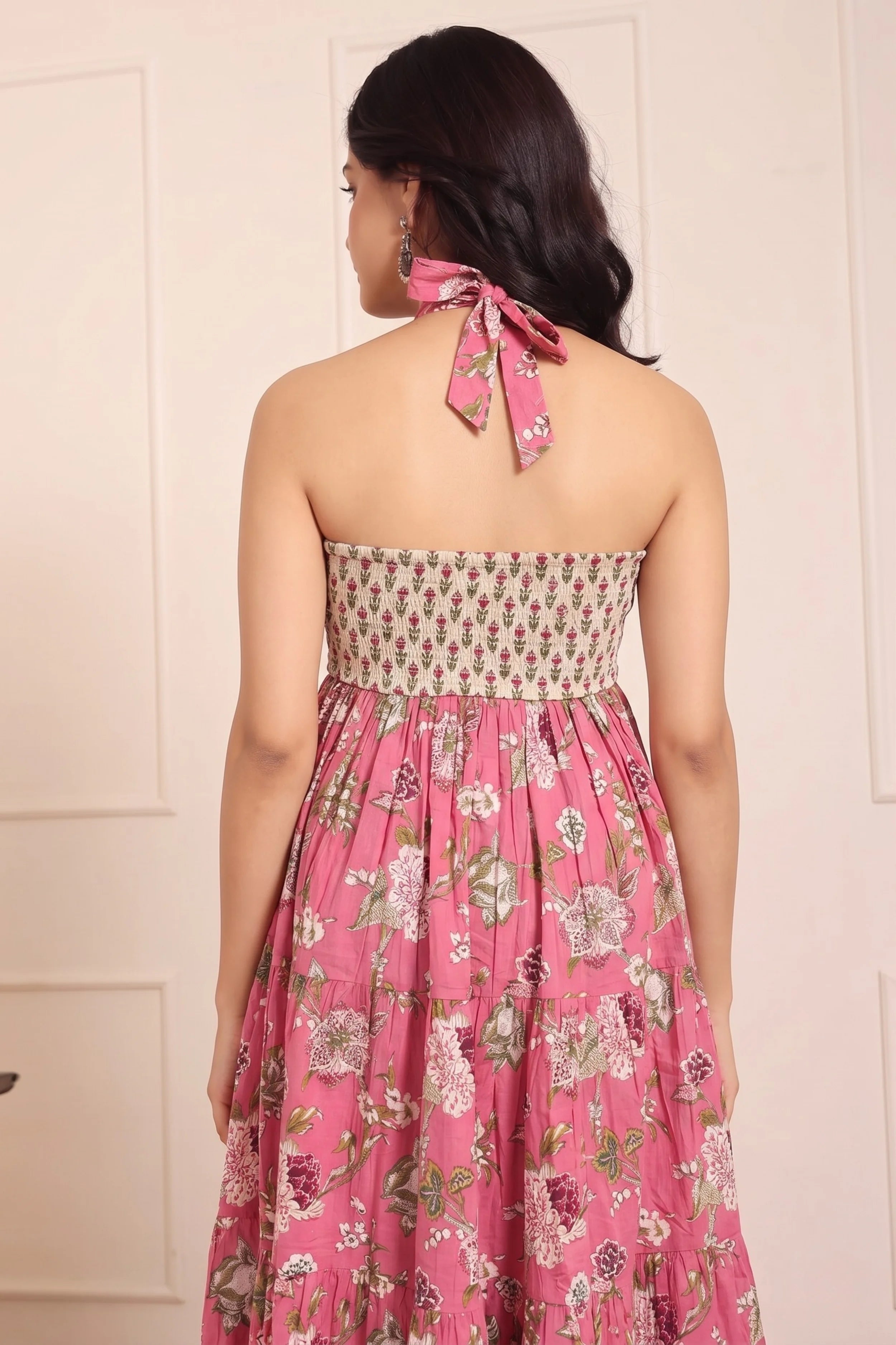 Pink Floral Hand Printed Halter Maxi Dress