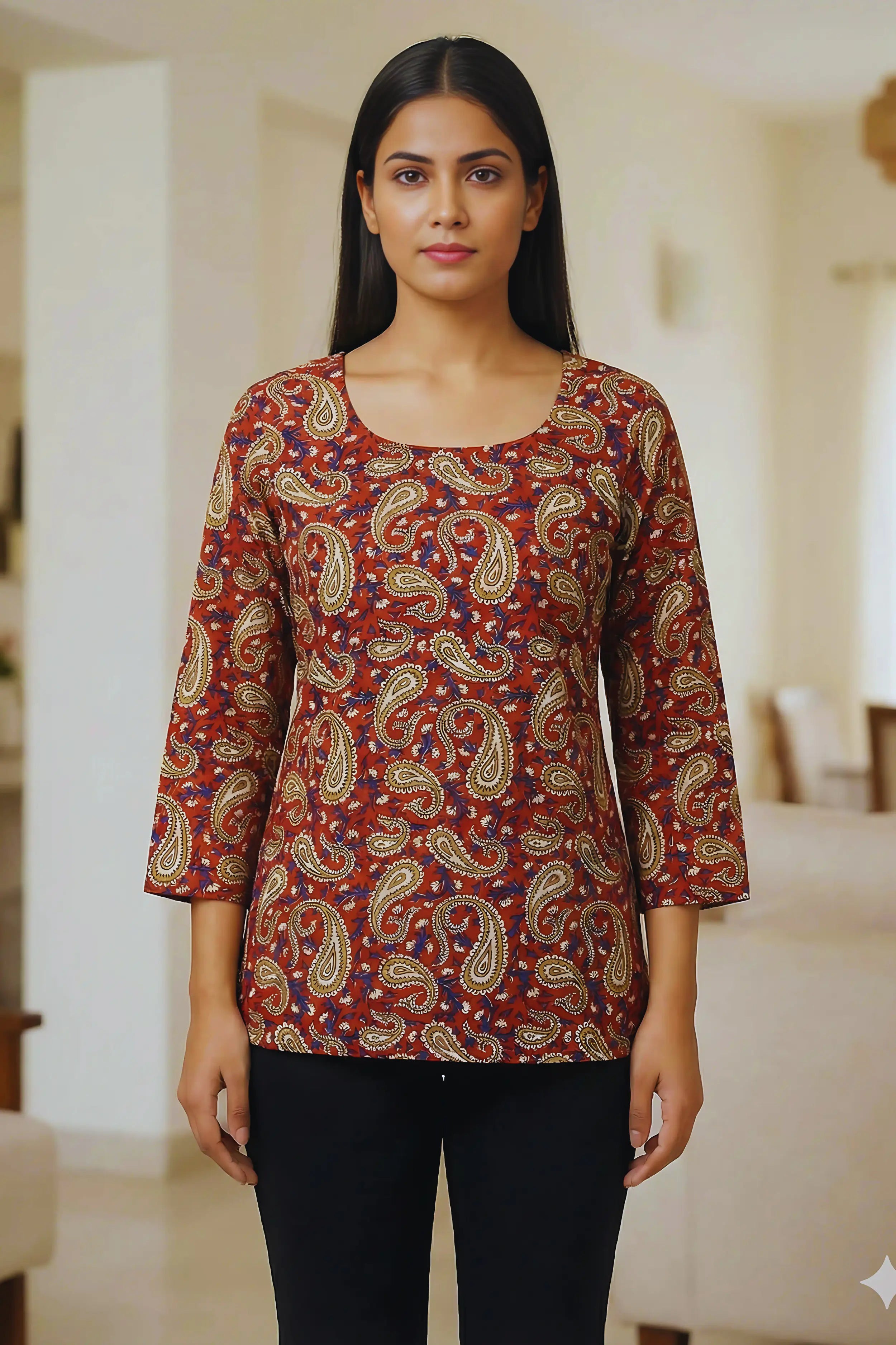 Red Hand Block Printed Short Kurti