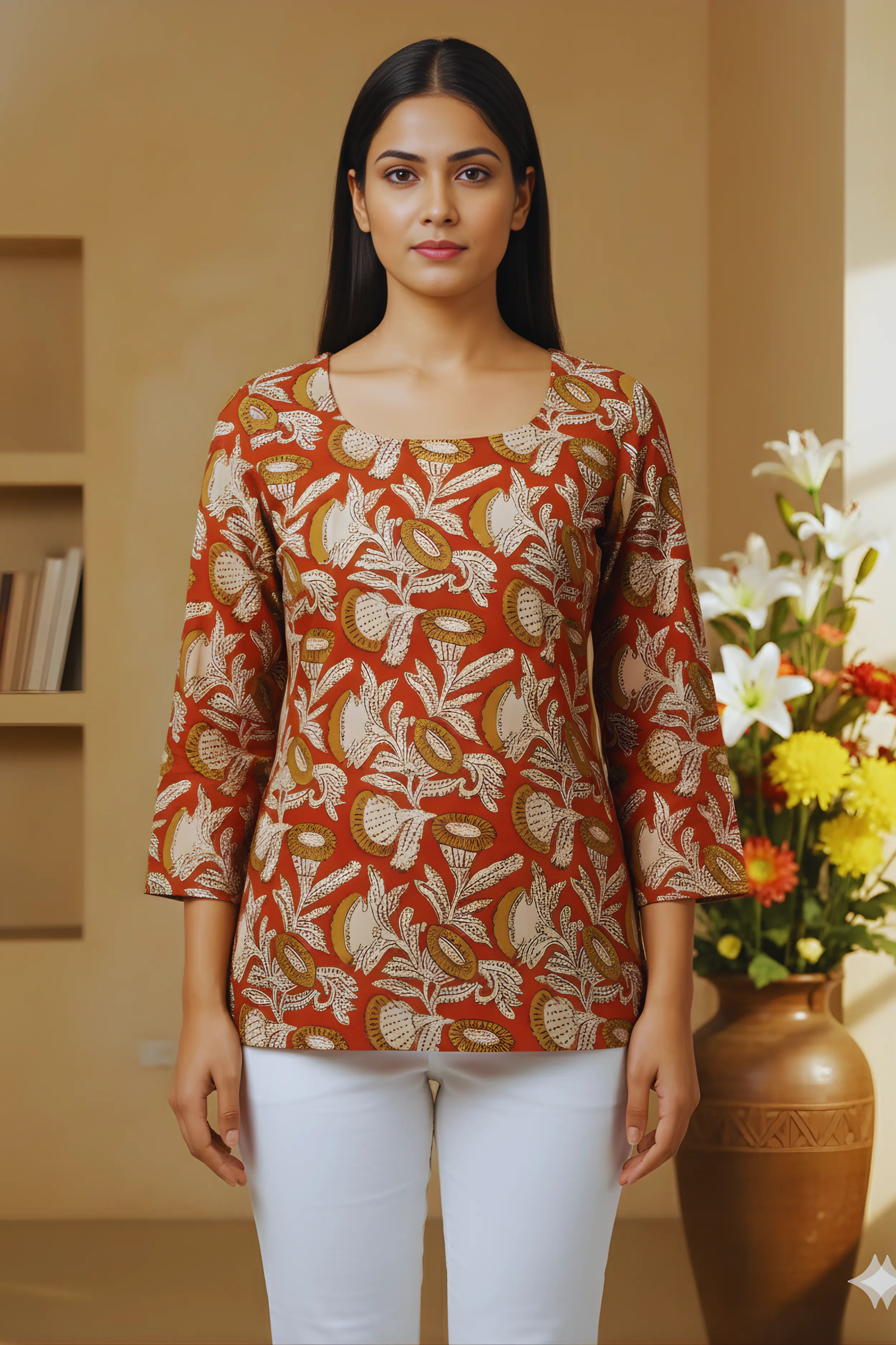 Rust Red Hand Block Printed Short Kurti
