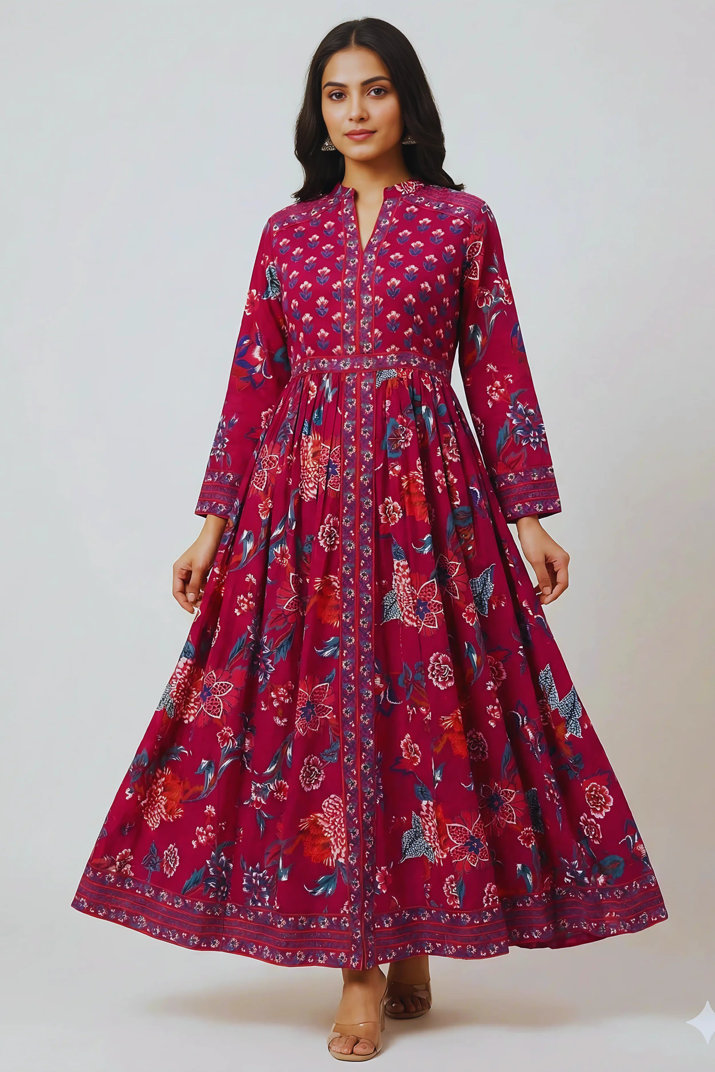 Dark Pink Anarkali Cotton Hand Block Printed Ethnic Maxi Dress