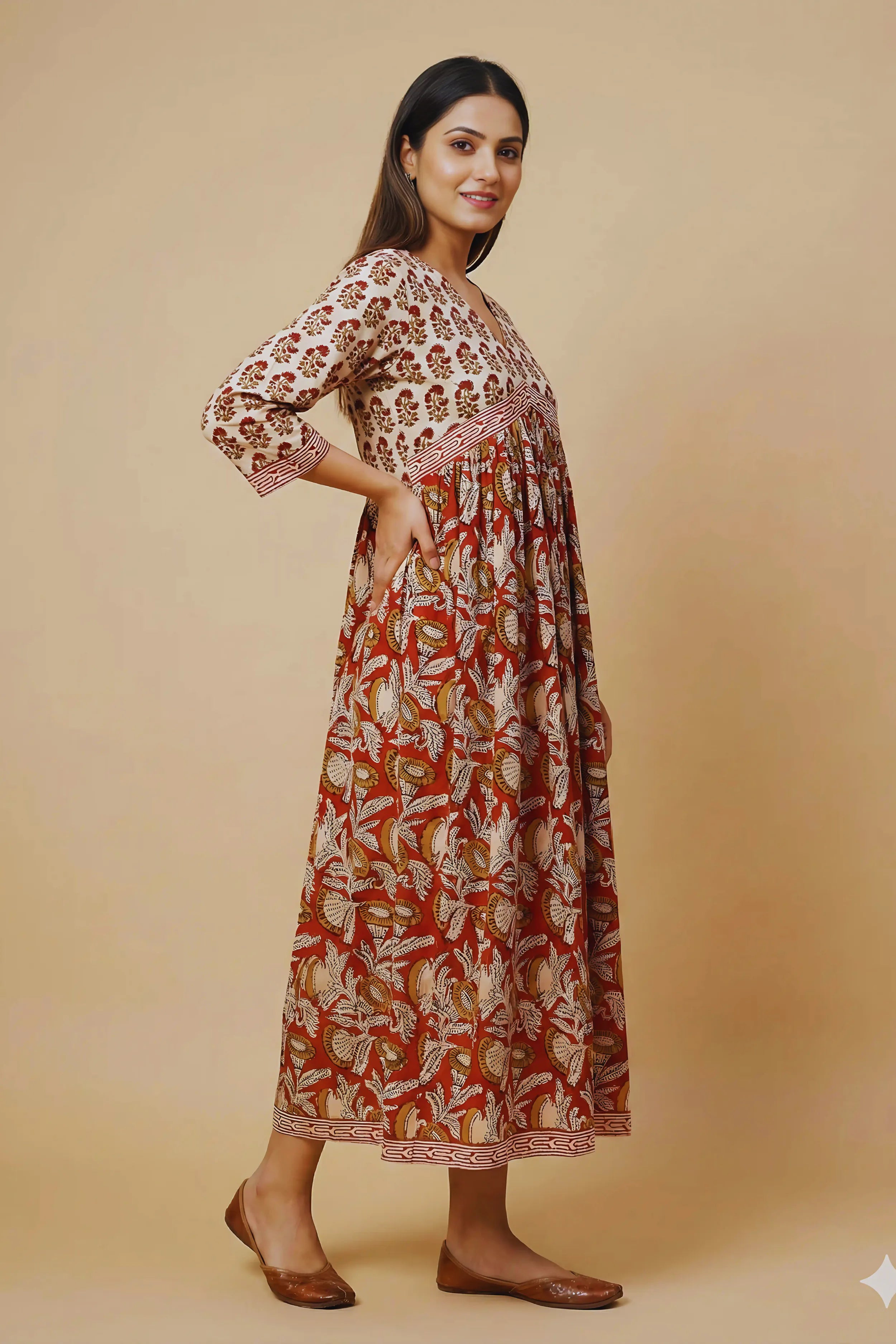 Rust Red Hand Block Printed Flared Kurti Dress