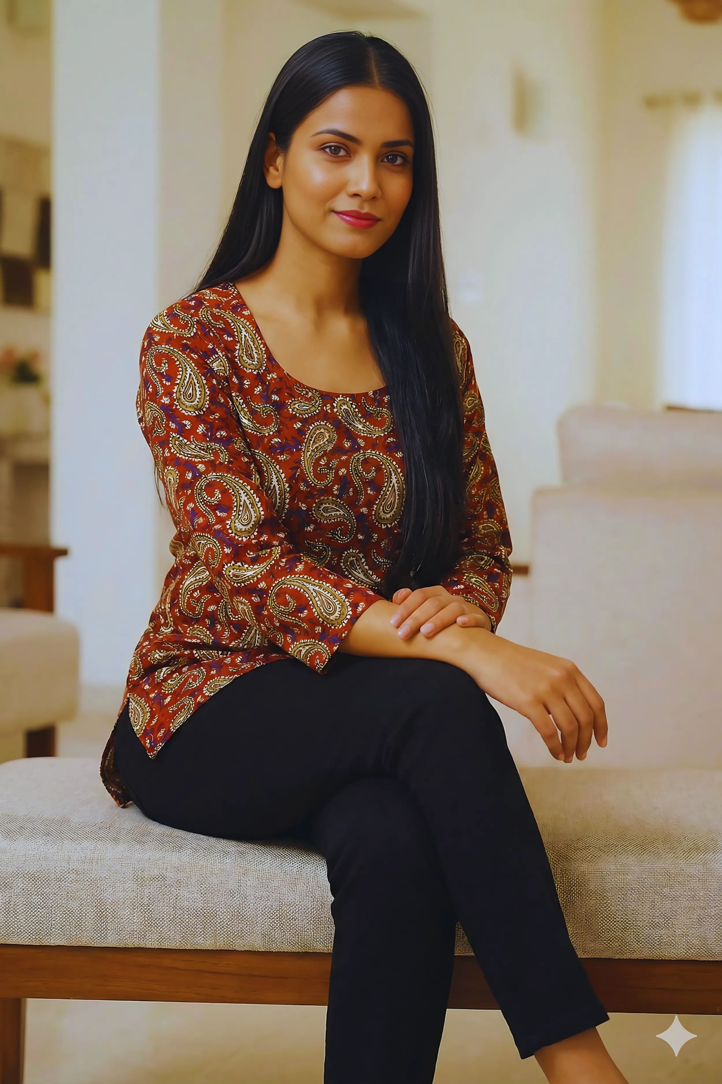 Red Hand Block Printed Short Kurti