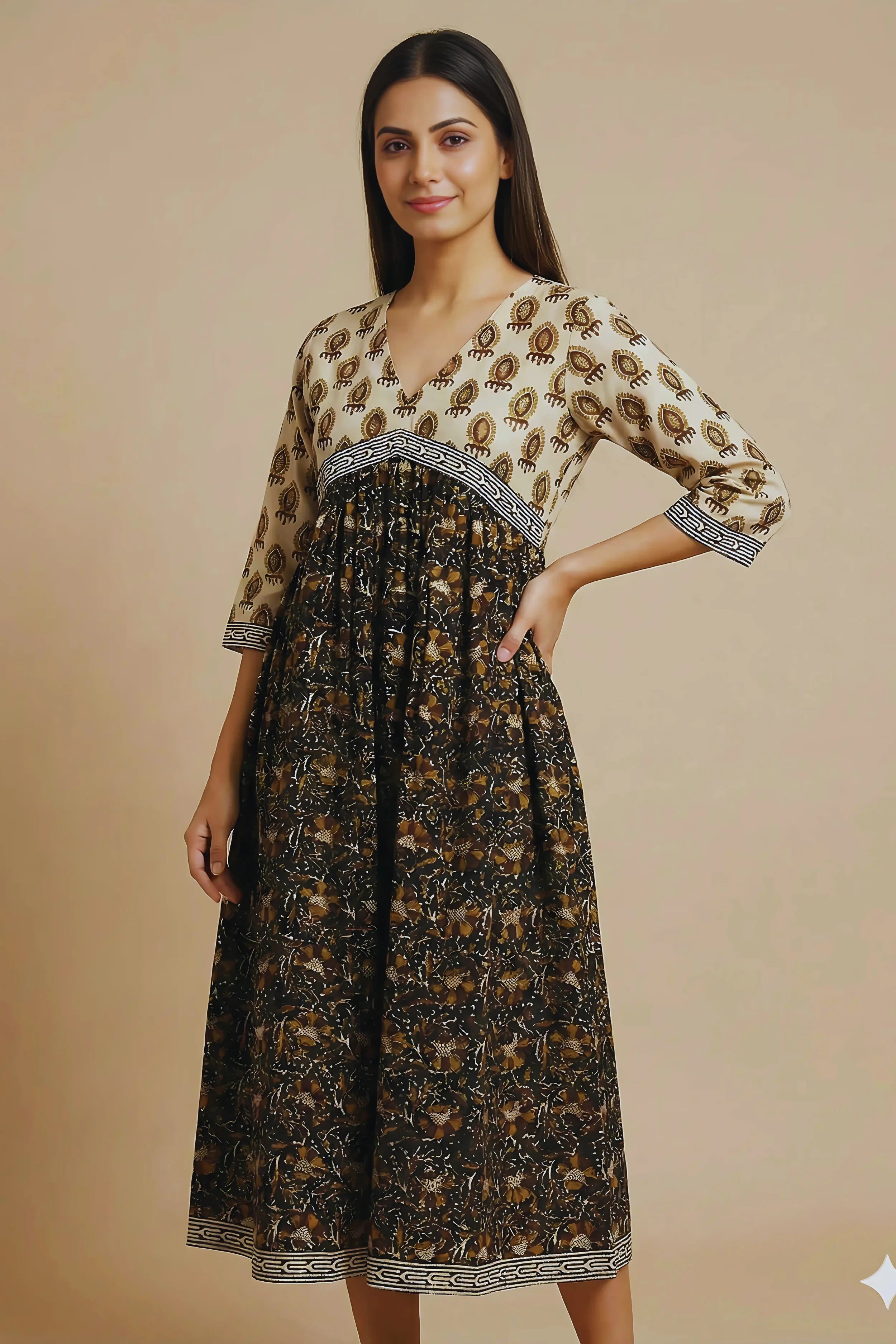 Black Hand Block Printed Flared Kurti Dress