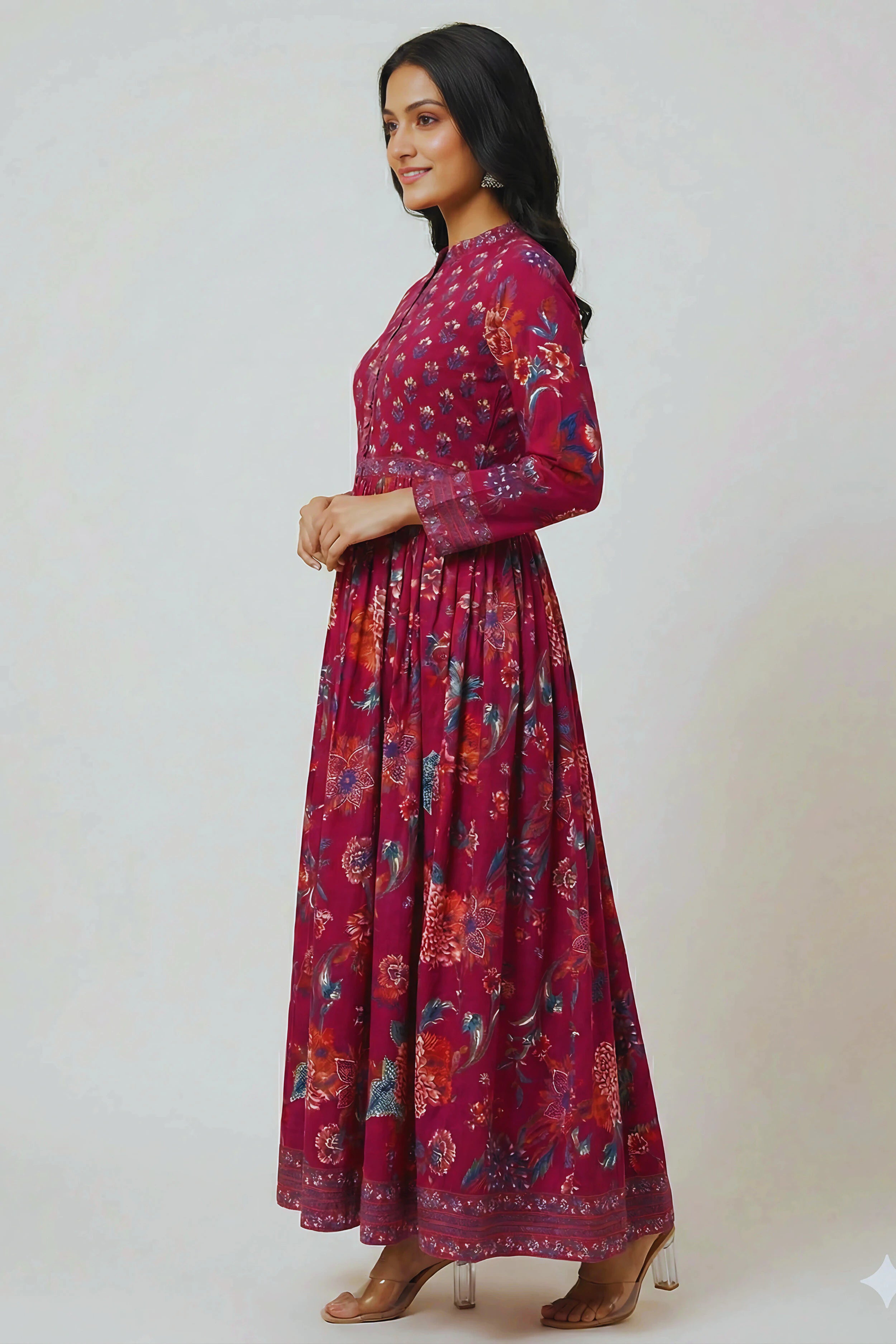 Dark Pink Anarkali Cotton Hand Block Printed Ethnic Maxi Dress