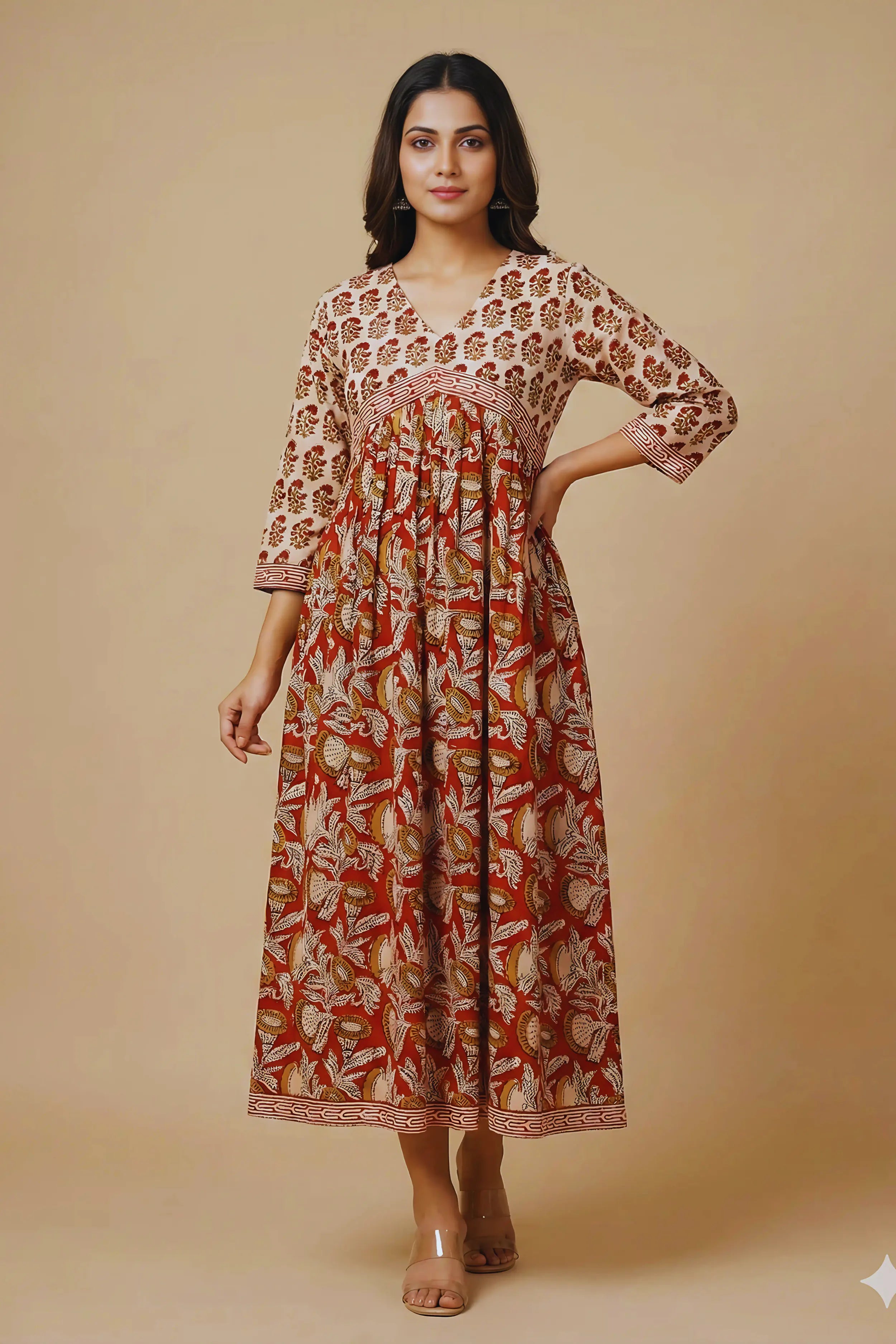 Rust Red Hand Block Printed Flared Kurti Dress