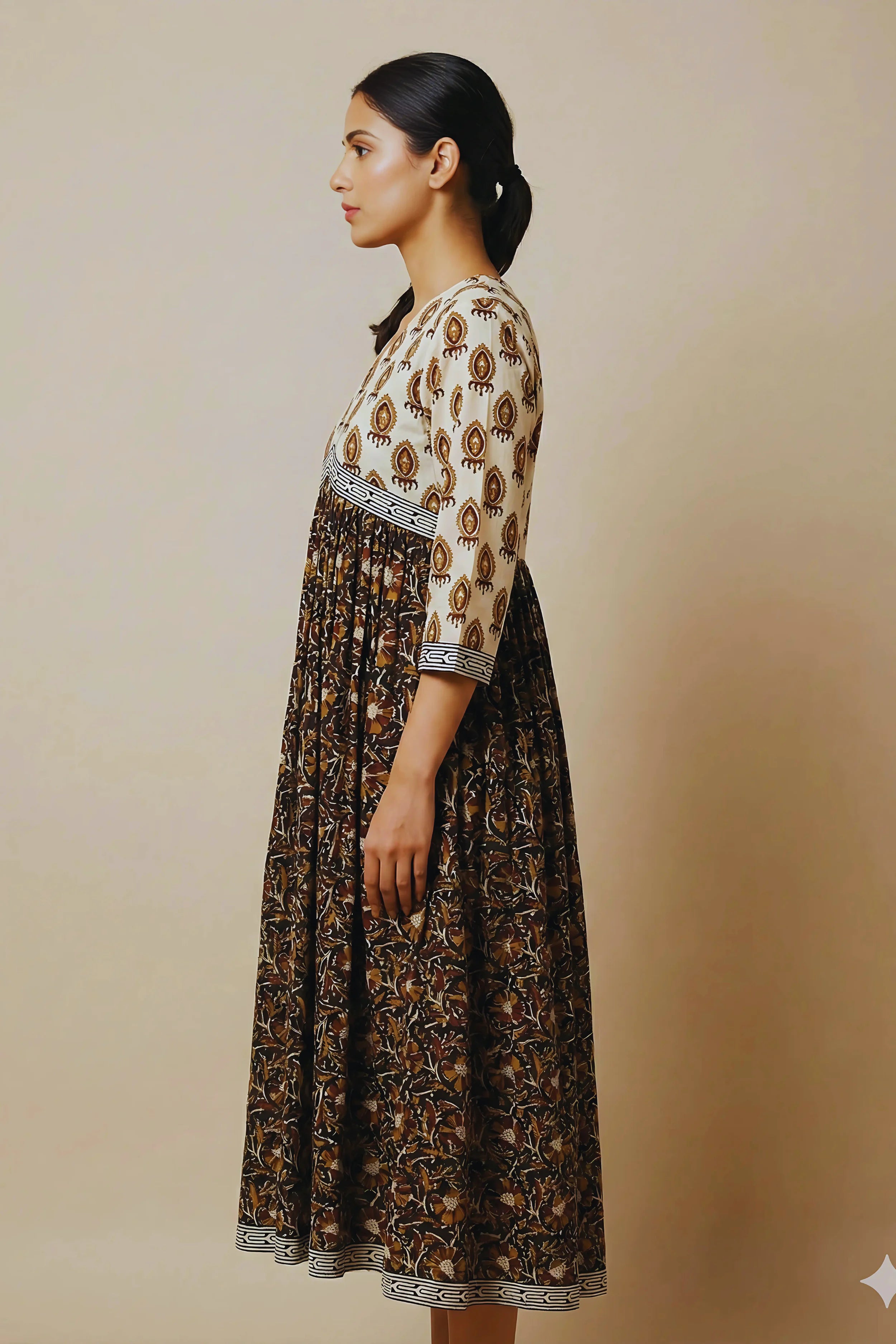 Black Hand Block Printed Flared Kurti Dress