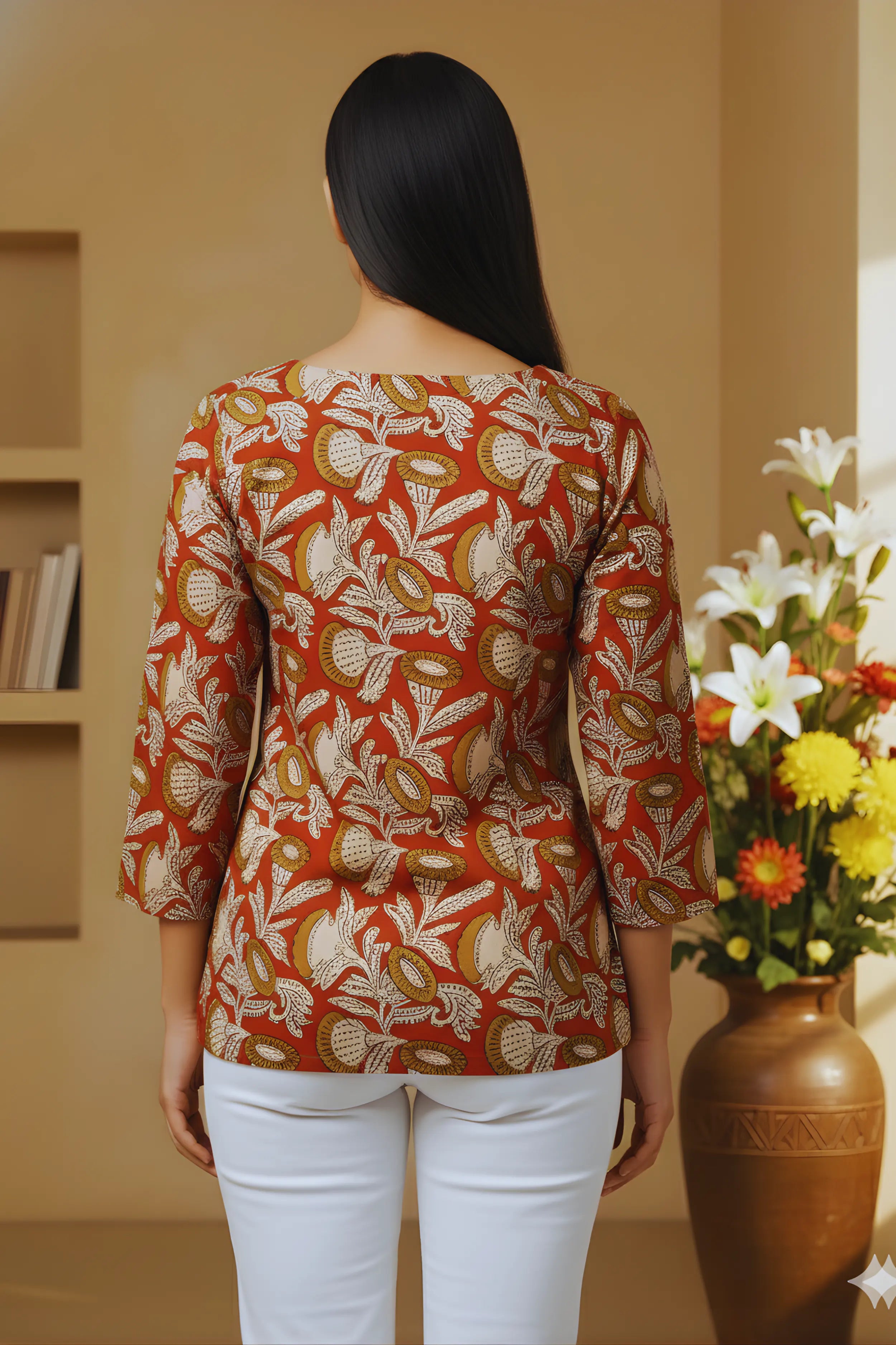 Rust Red Hand Block Printed Short Kurti