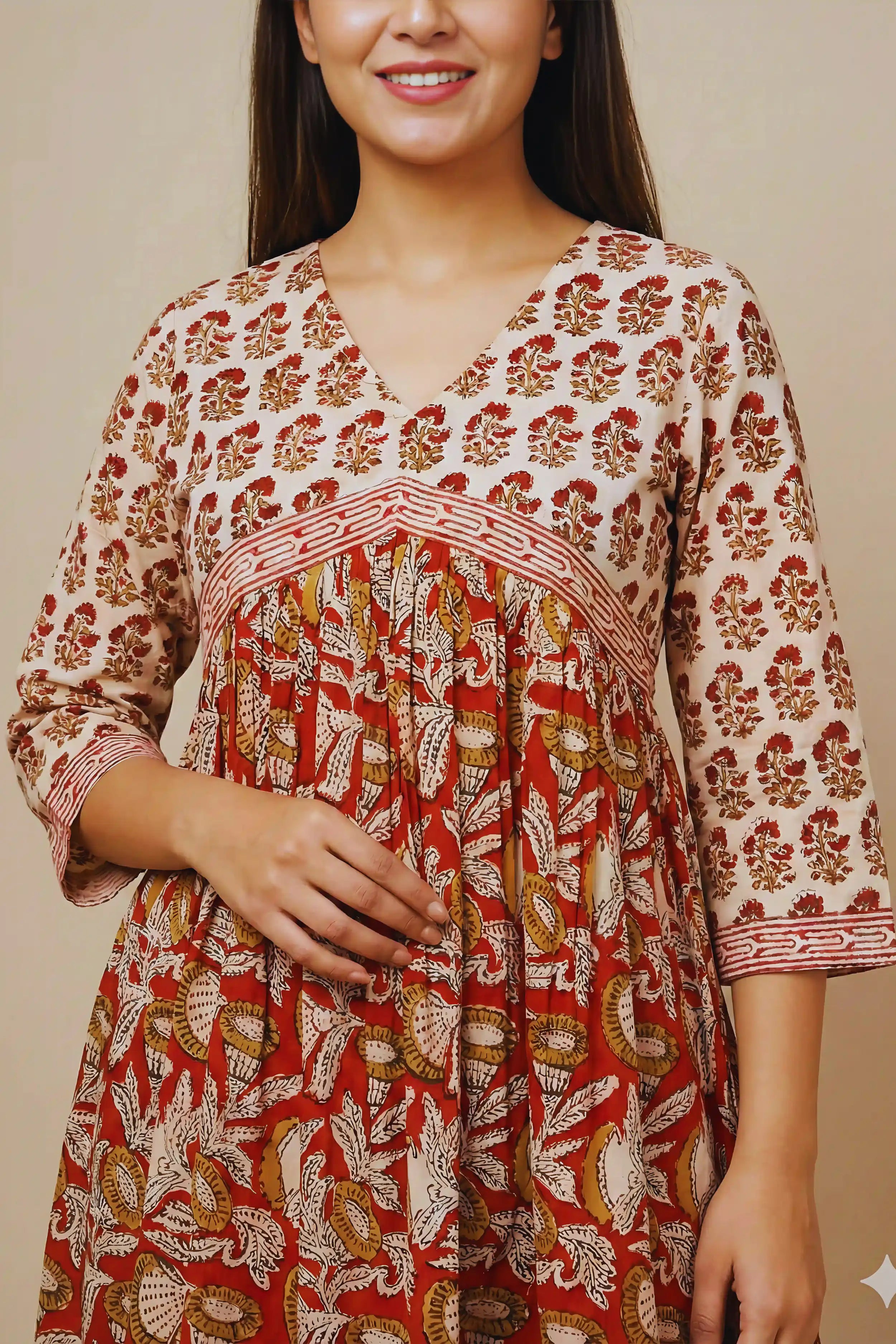 Rust Red Hand Block Printed Flared Kurti Dress