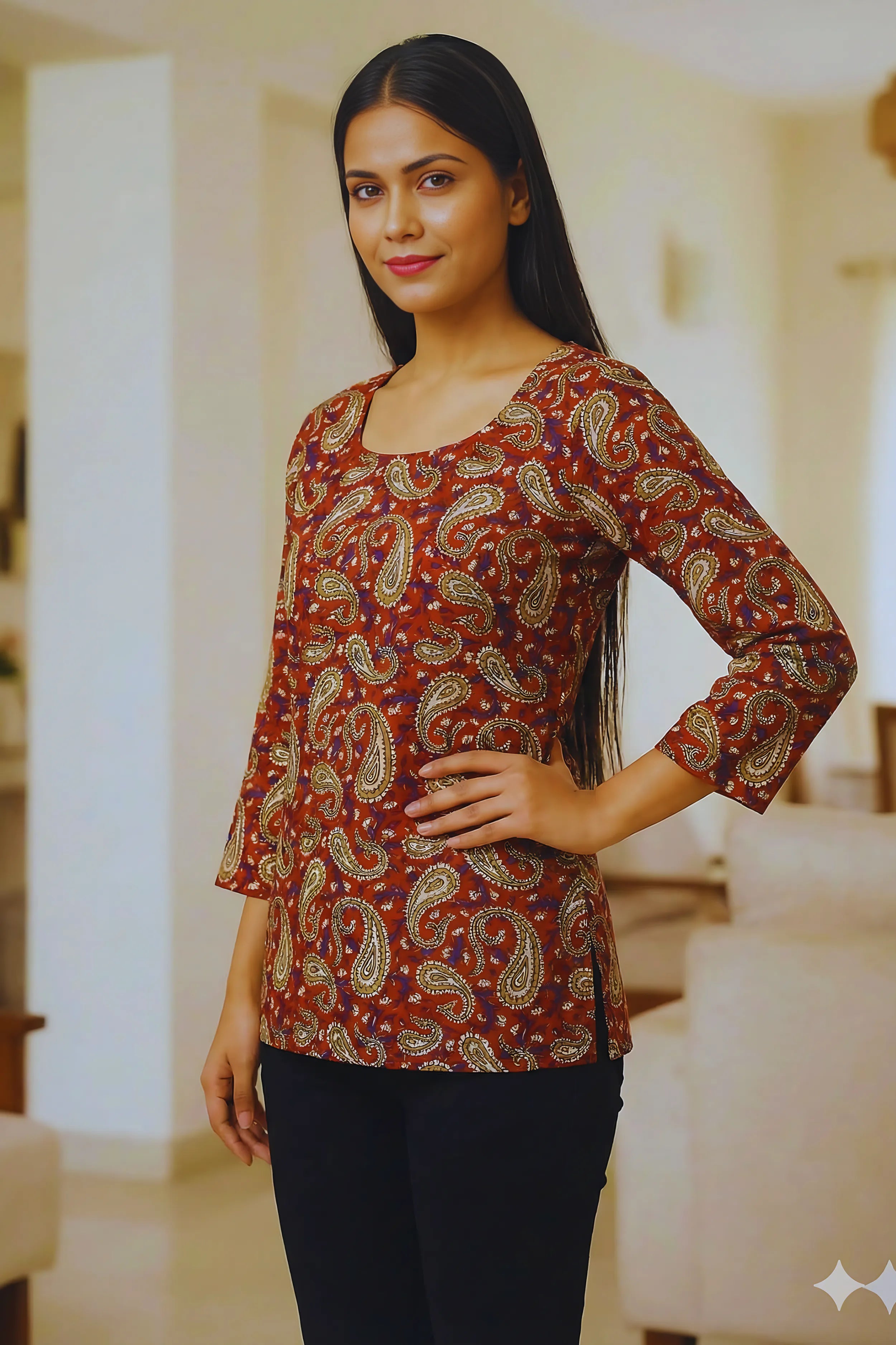 Red Hand Block Printed Short Kurti