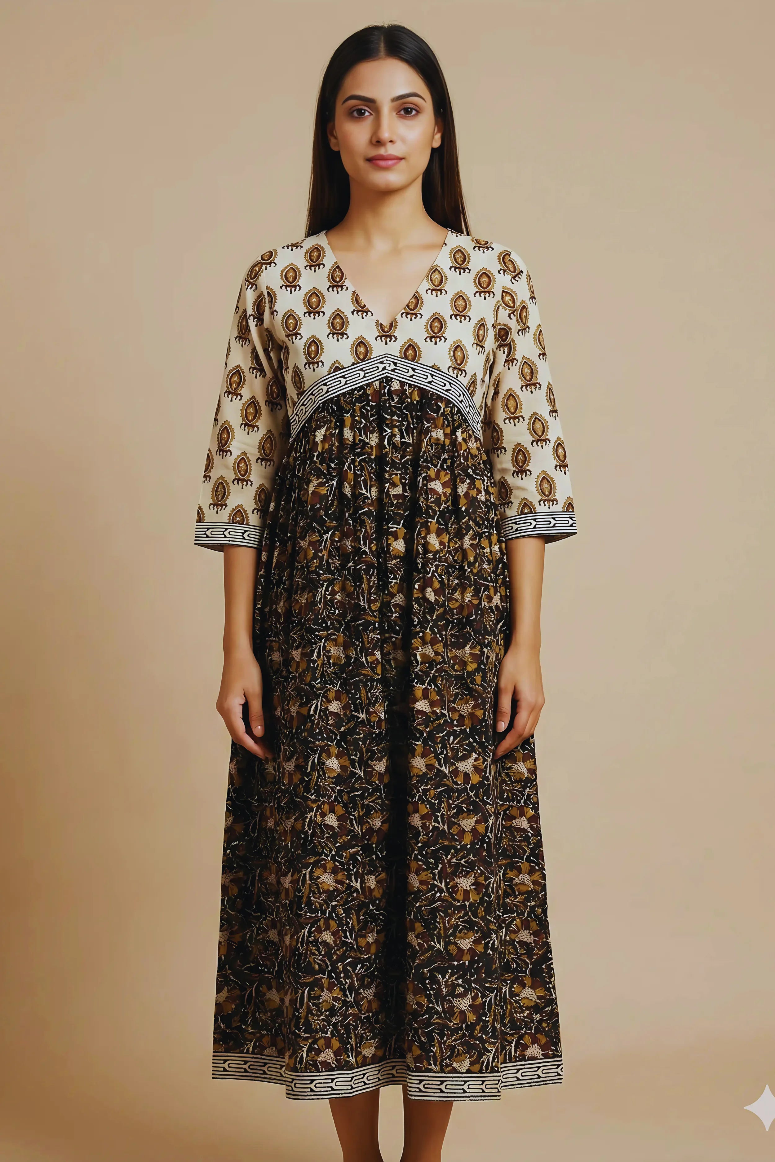 Black Hand Block Printed Flared Kurti Dress