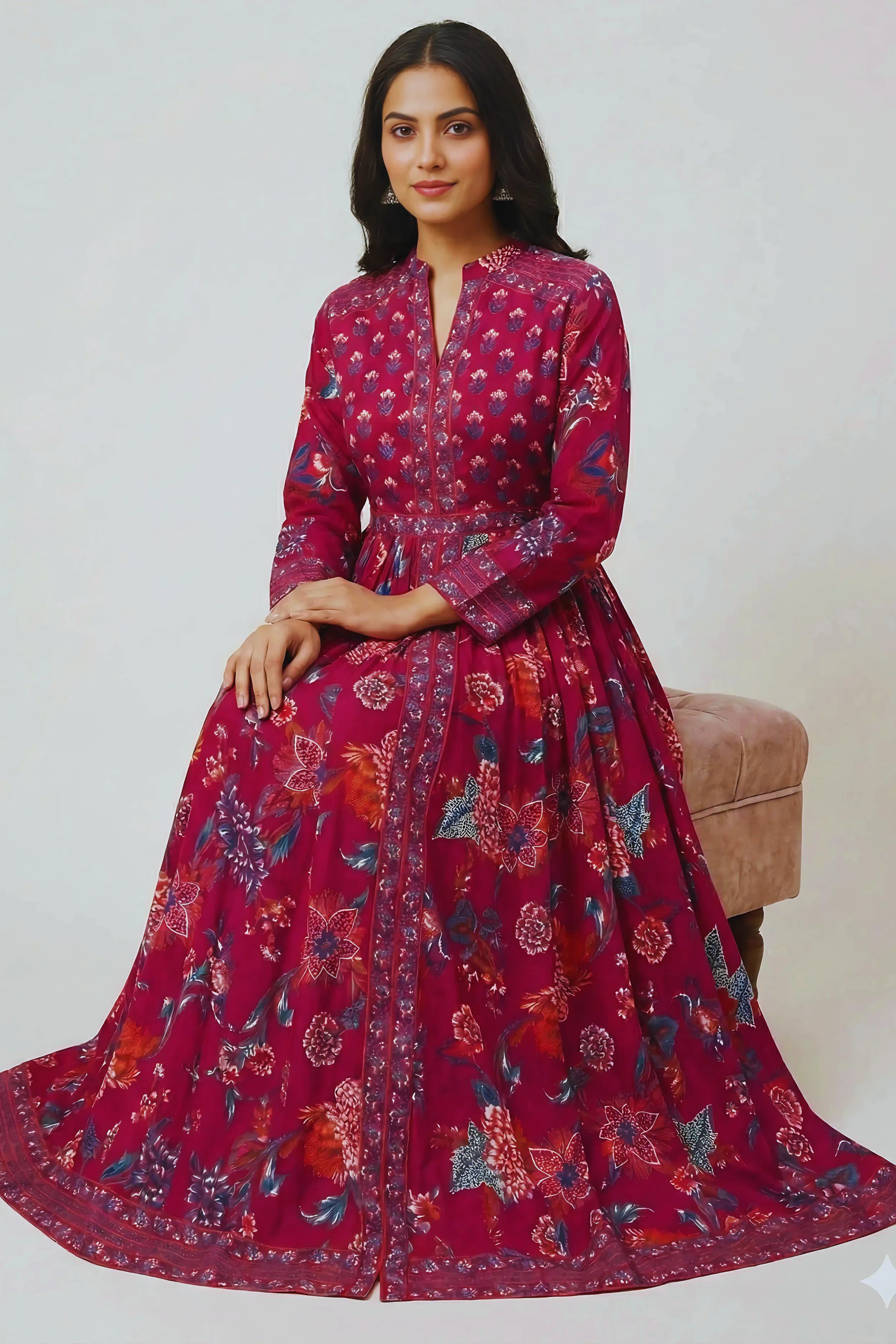 Dark Pink Anarkali Cotton Hand Block Printed Ethnic Maxi Dress