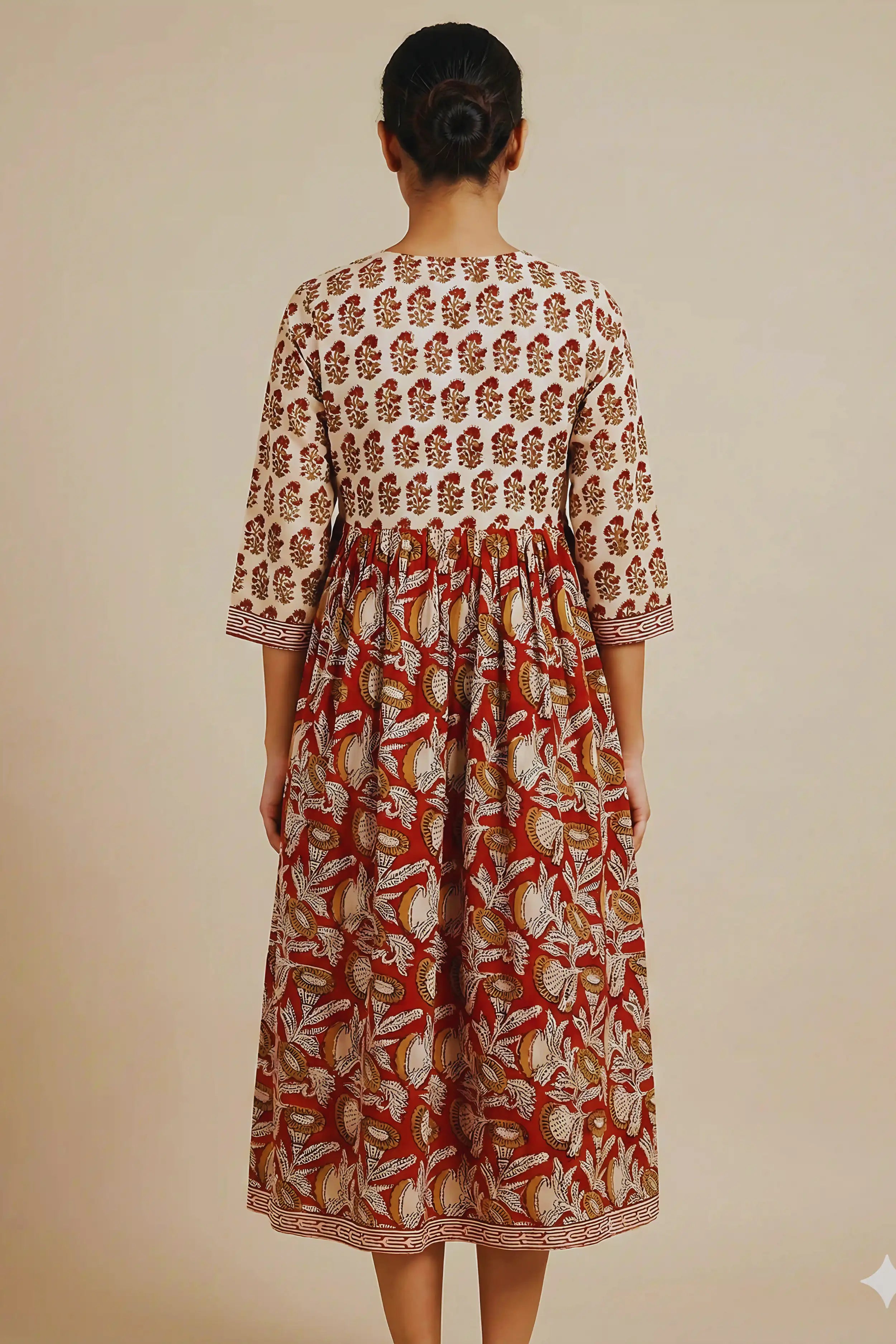 Rust Red Hand Block Printed Flared Kurti Dress