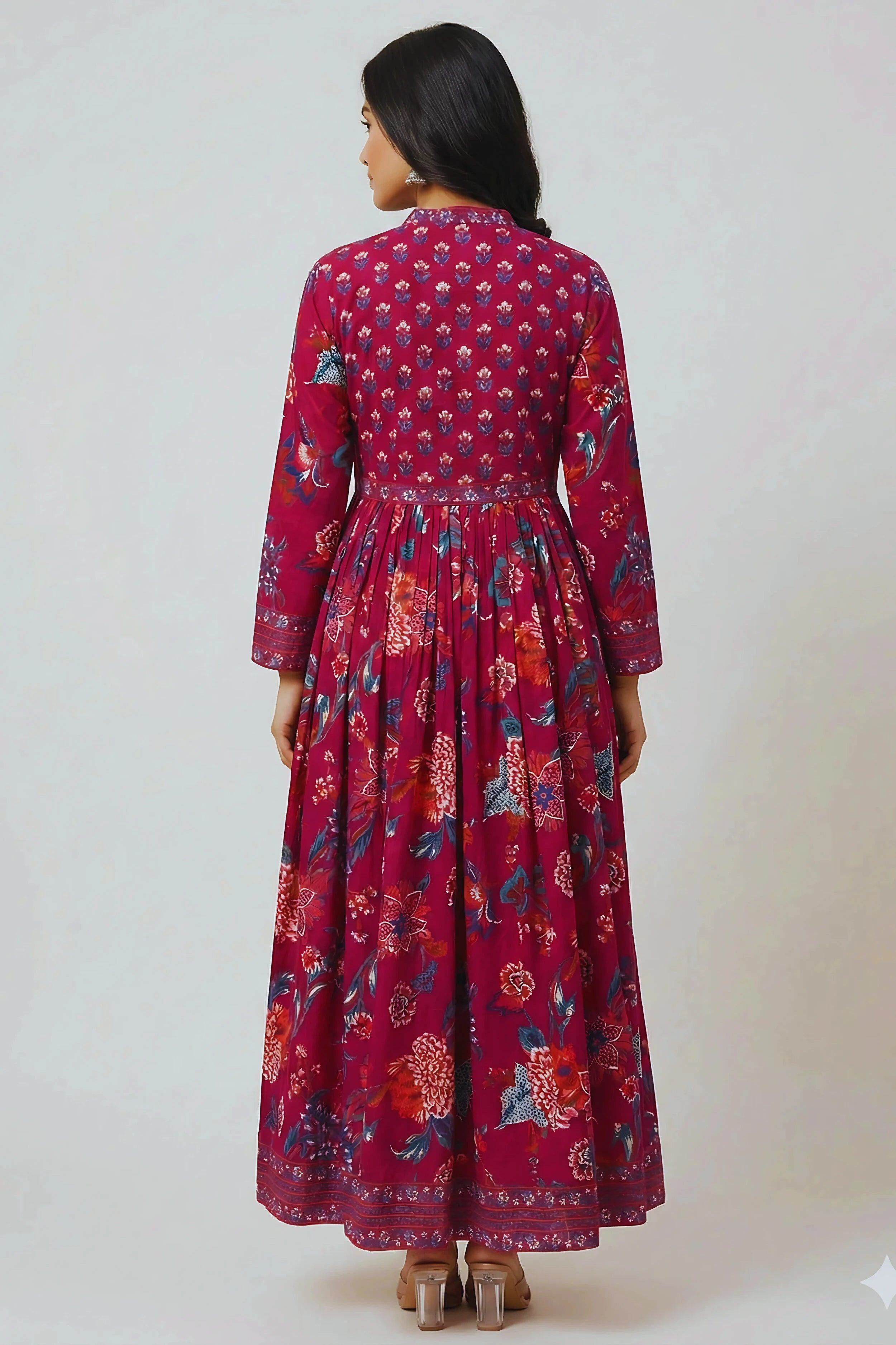 Dark Pink Anarkali Cotton Hand Block Printed Ethnic Maxi Dress