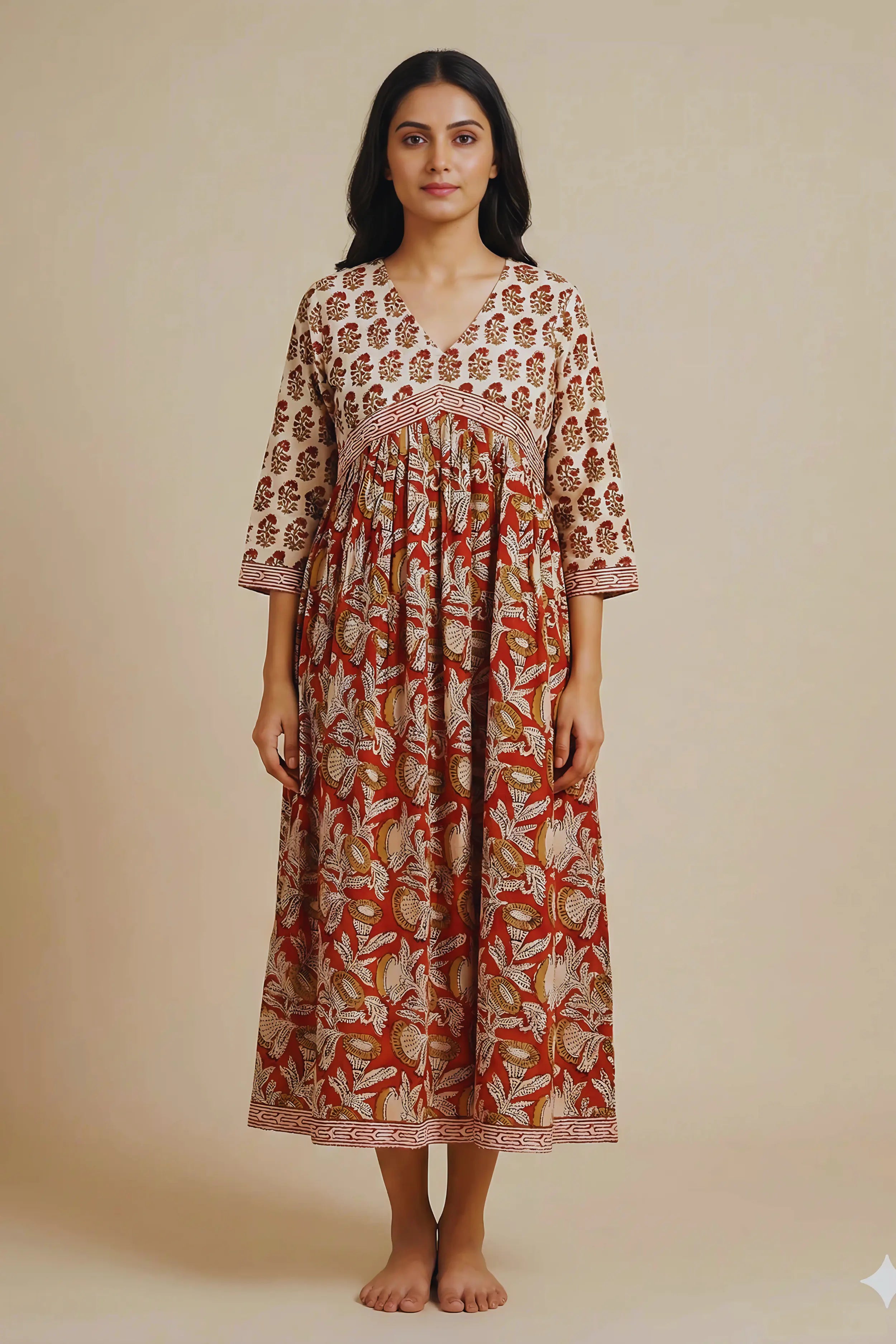 Rust Red Hand Block Printed Flared Kurti Dress