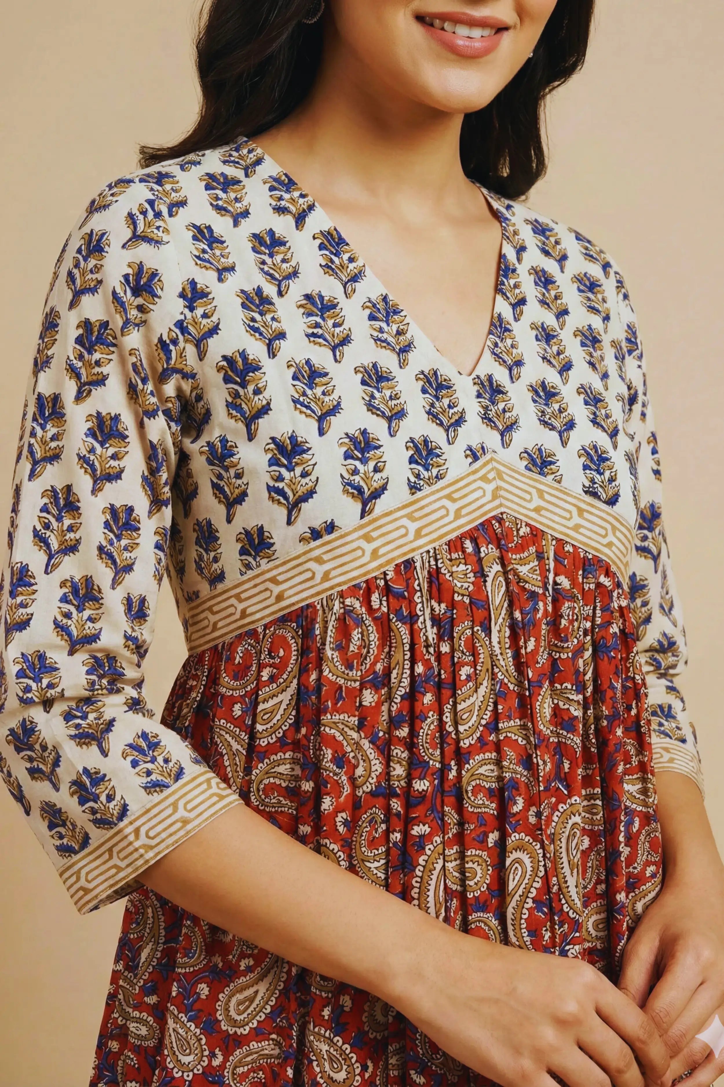 Red Hand Block Printed Flared Kurti Dress