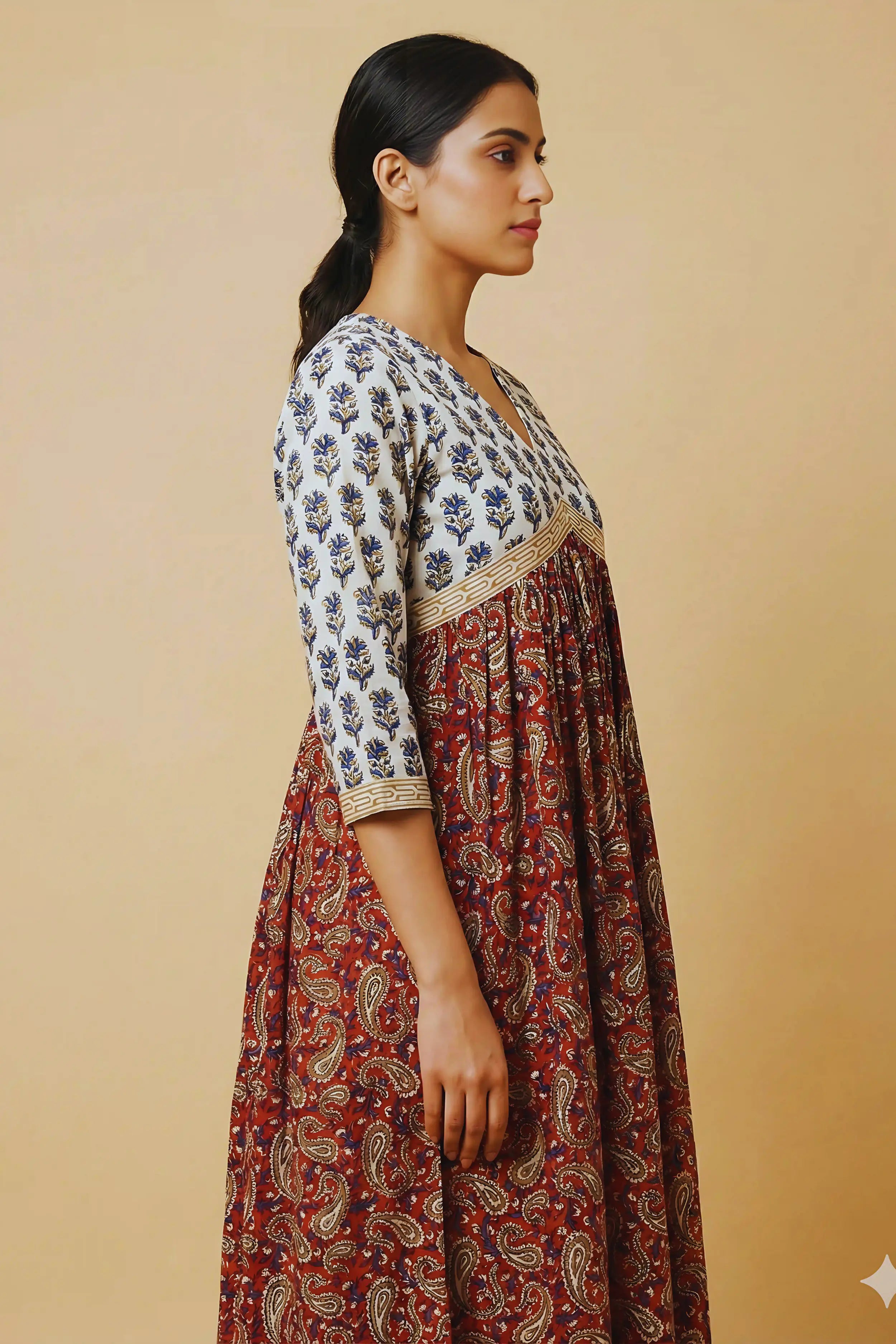 Red Hand Block Printed Flared Kurti Dress
