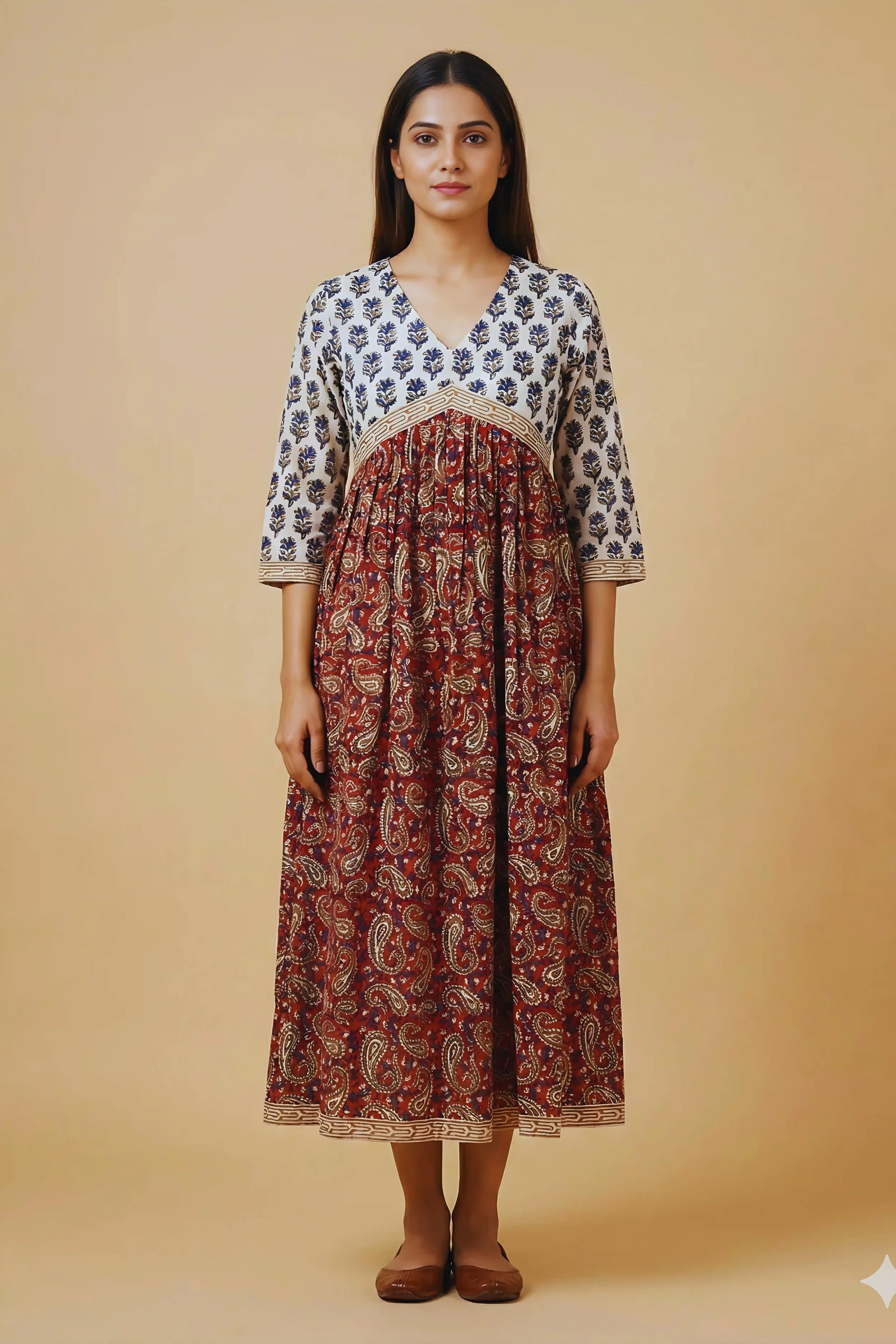 Red Hand Block Printed Flared Kurti Dress