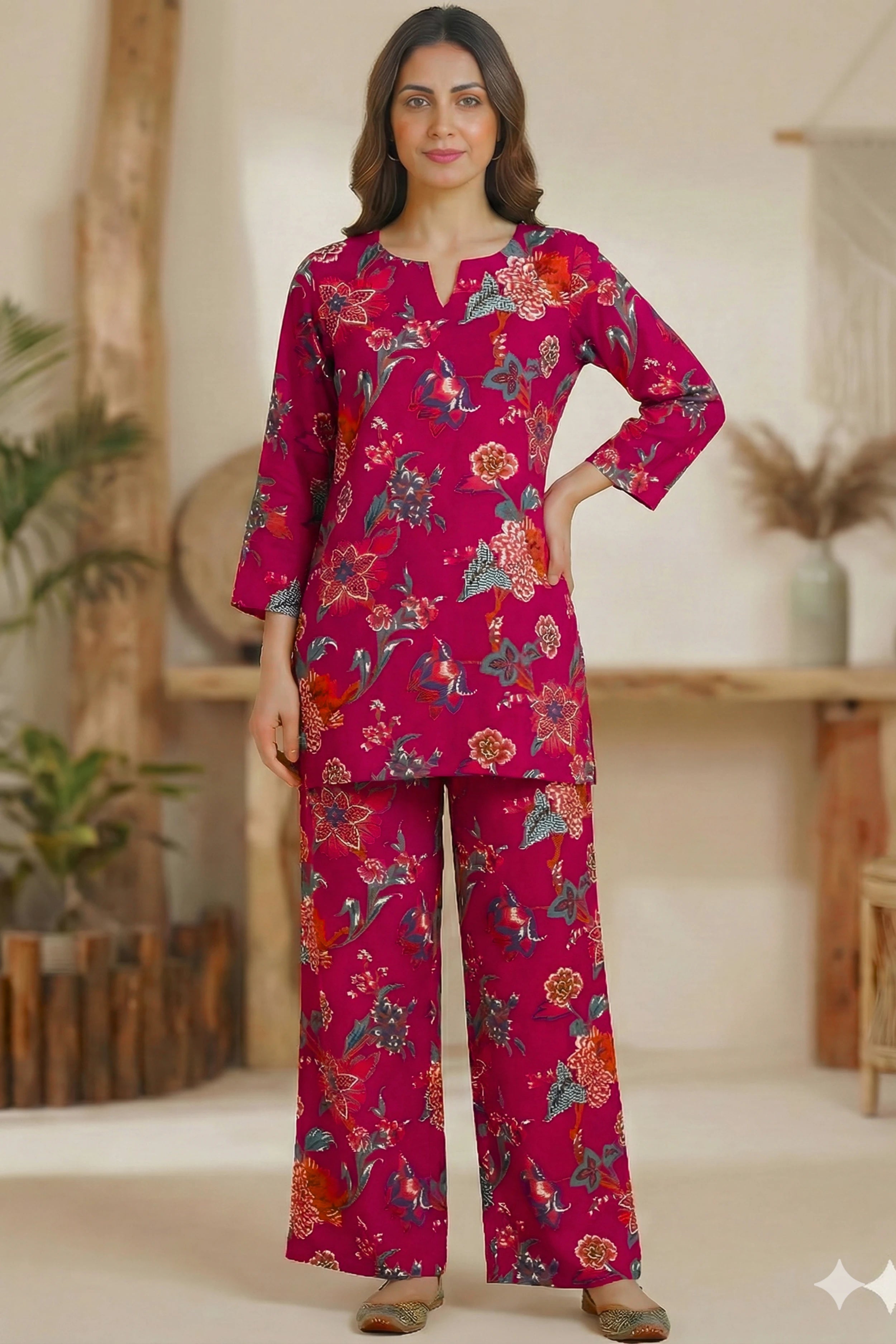 Dark Pink Hand Printed Co-Ord Set