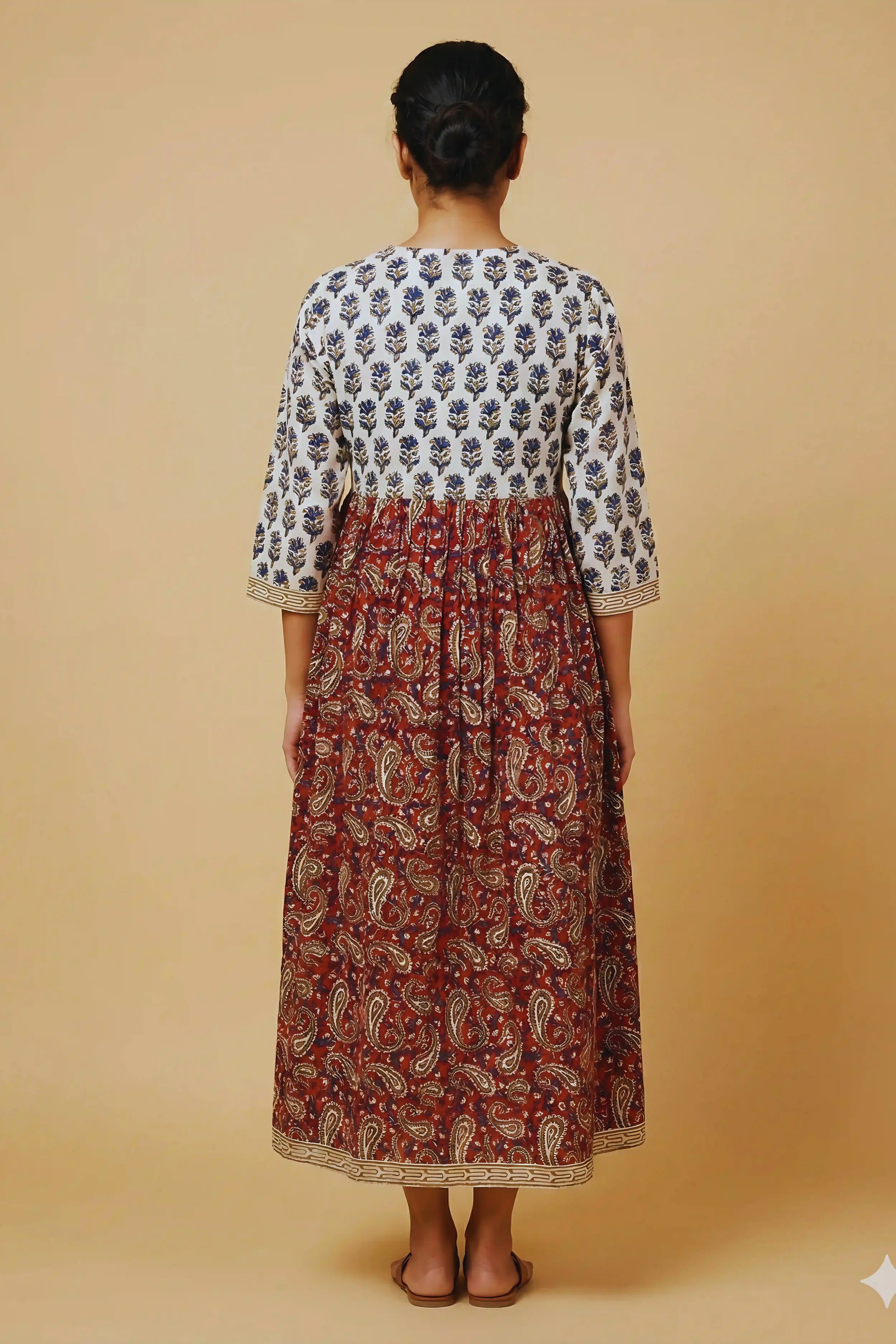 Red Hand Block Printed Flared Kurti Dress