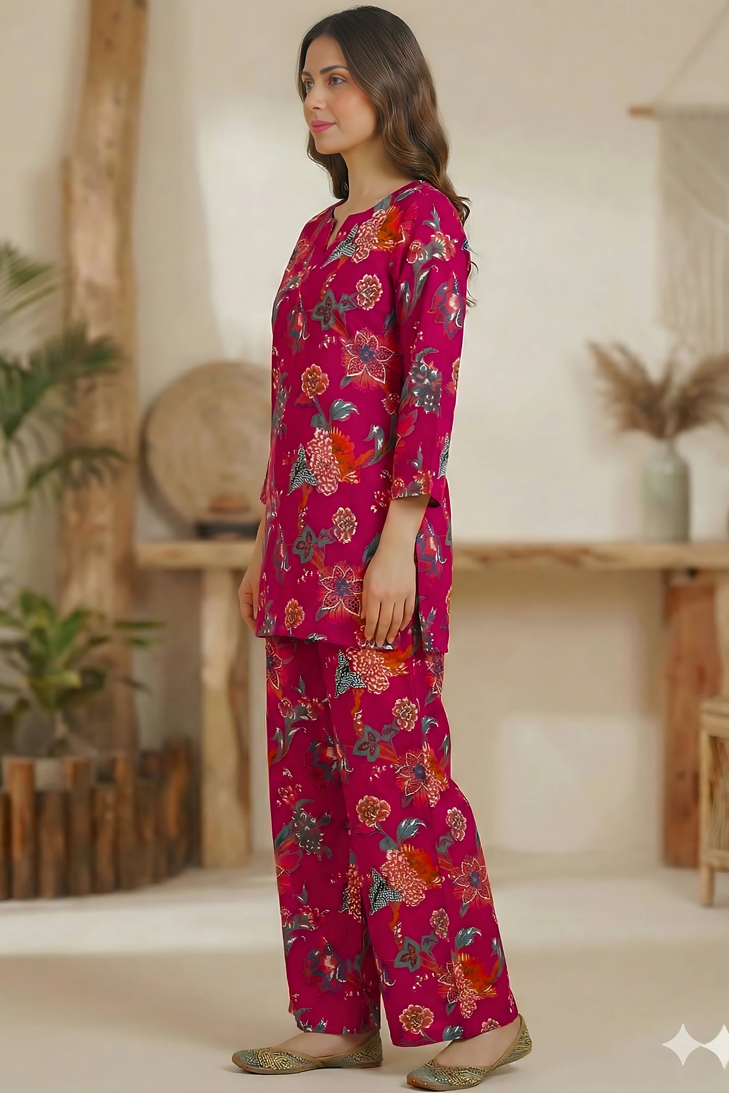 Dark Pink Hand Printed Co-Ord Set