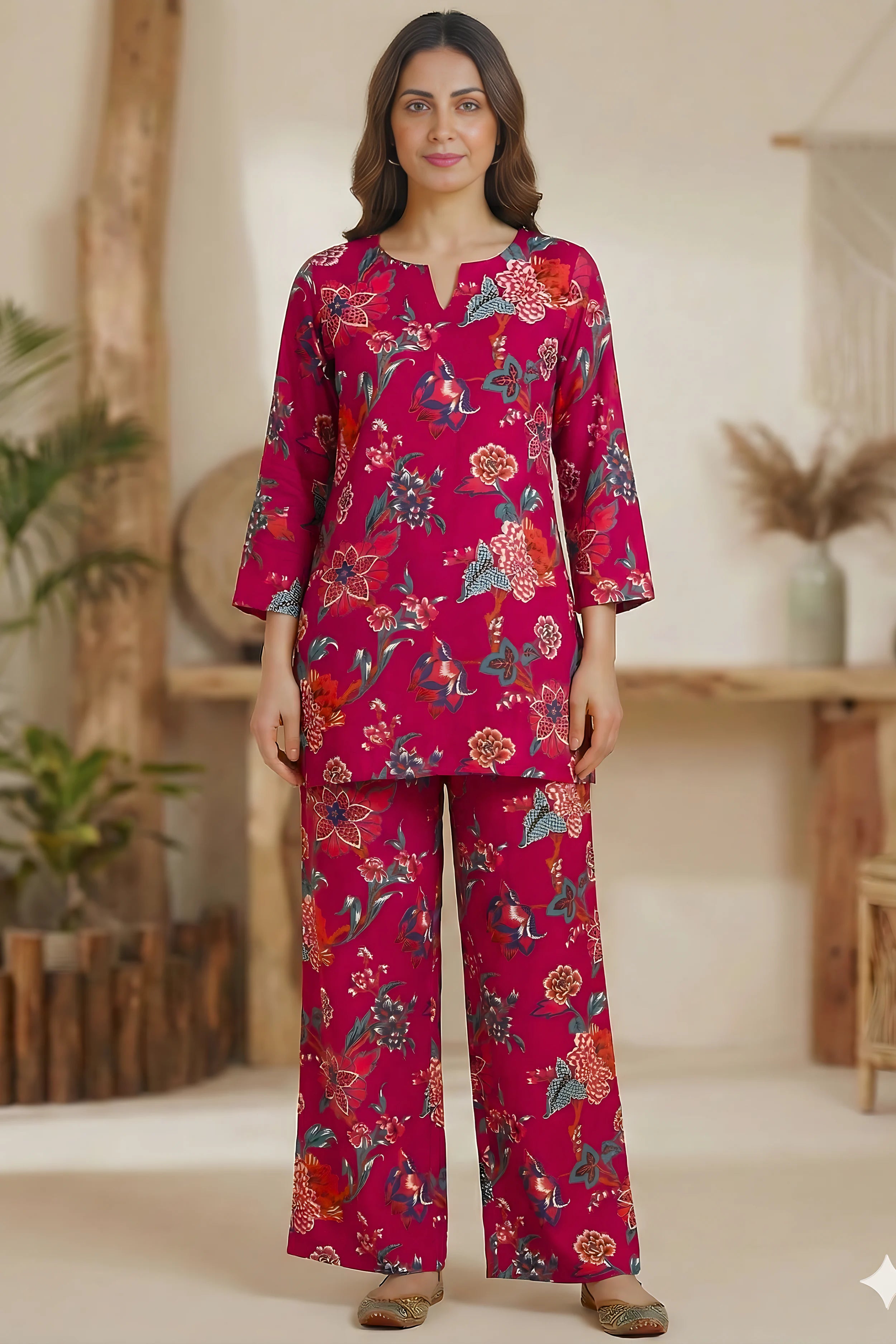 Dark Pink Hand Printed Co-Ord Set