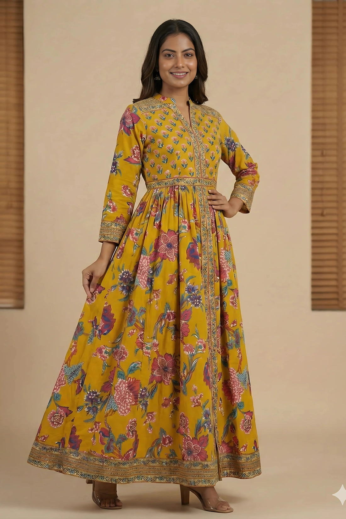 Mustard Anarkali Cotton Hand Block Printed Ethnic Maxi Dress
